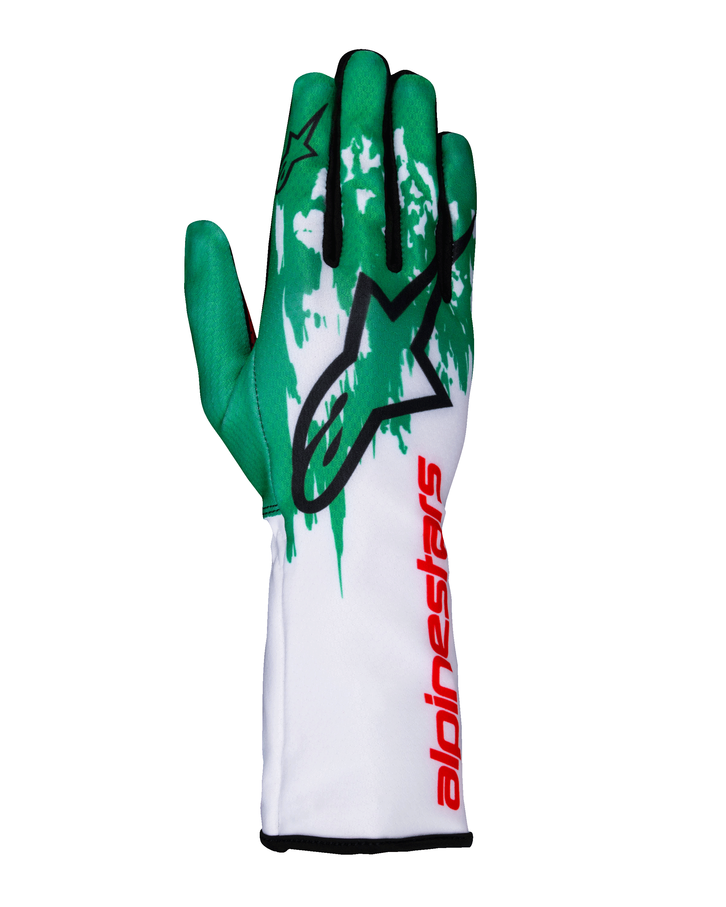 Gants Alpinestars Tech-1 K V3, gants de karting, blanc, vert et rouge, grand logo étoile noire sur le dos de la main, marquage Alpinestars rouge vertical sur la manchette, motifs graphiques verts et blancs sur les doigts, design technique ajusté