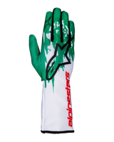 Gants Alpinestars Tech-1 K V3, gants de karting, blanc, vert et rouge, avec un dessus vert orné de graphismes à effet éclaboussure, un grand logo Astars noir et une manchette longue blanche avec marquage rouge, design de course professionnel