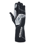 Alpinestars Tech-1 KX V4 Gloves, Karting Gloves, Black Anthracite, back view showing breathable dual-layer mesh, grey and white graphic details, prominent Alpinestars branding on the wrist and knuckles, specialized racing equipment