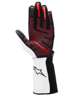 Gants Alpinestars Tech-1 KX V4, gants de karting, noir, blanc et rouge, vue de la paume présentant un motif d'adhérence en silicone 3D rouge, poignet blanc avec logo étoile noir, design haute performance pour sport automobile