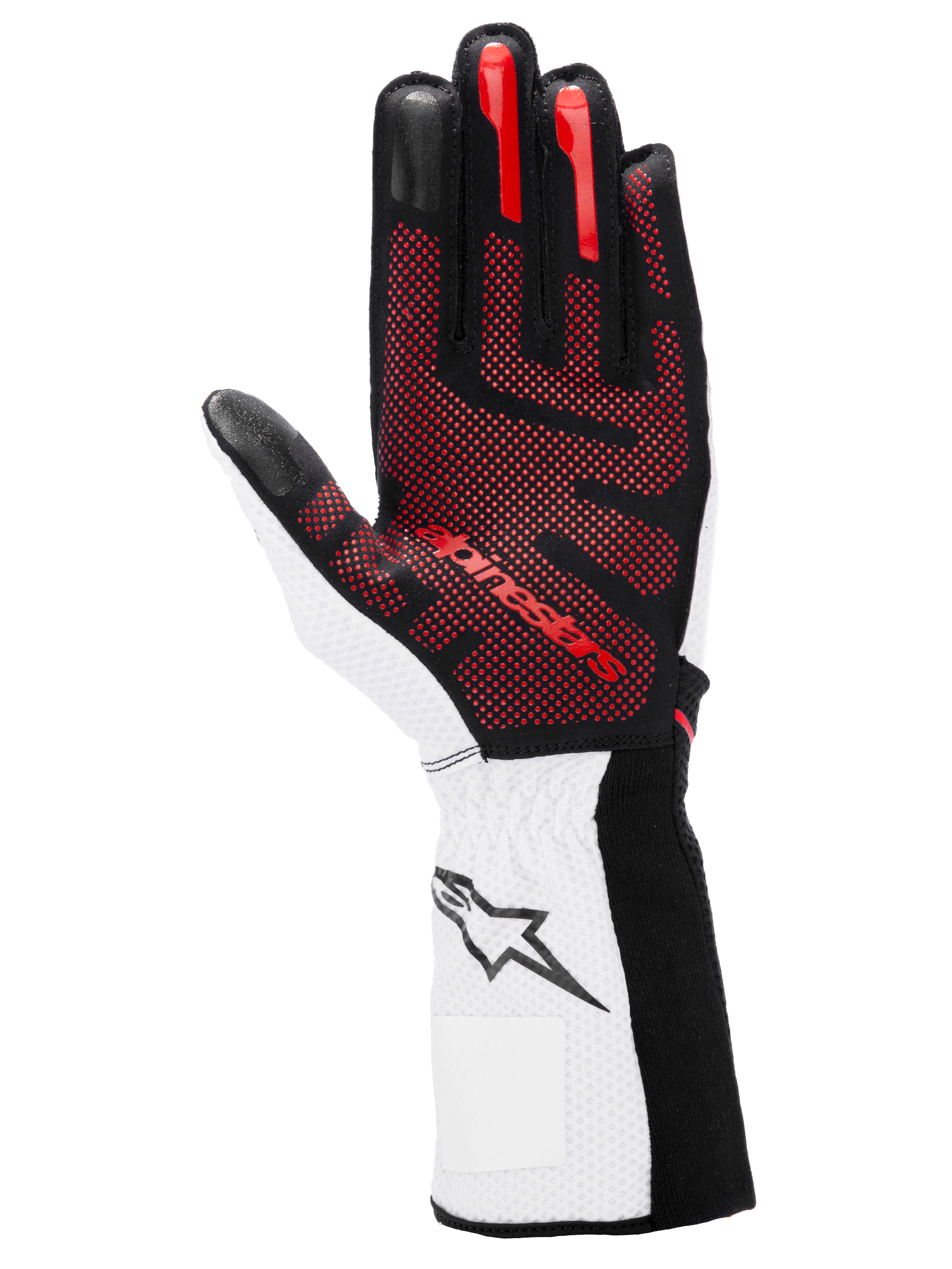 Gants Alpinestars Tech-1 KX V4, gants de karting, noir, blanc et rouge, vue de la paume présentant un motif d'adhérence en silicone 3D rouge, poignet blanc avec logo étoile noir, design haute performance pour sport automobile