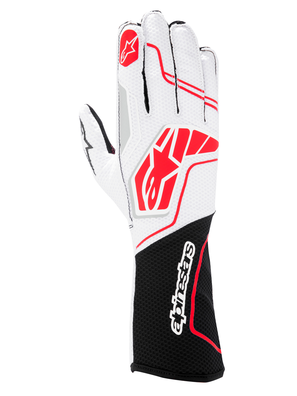 Gants Alpinestars Tech-1 KX V4, gants de karting, noir, blanc et rouge, avec un dessus en maille blanche respirante, des logos Alpinestars rouges et une manchette noire avec logo textuel blanc.