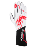 Gants Alpinestars Tech-1 KX V4, gants de karting, noir, blanc et rouge, avec un dessus en maille blanche respirante, des logos Alpinestars rouges et une manchette noire avec logo textuel blanc.