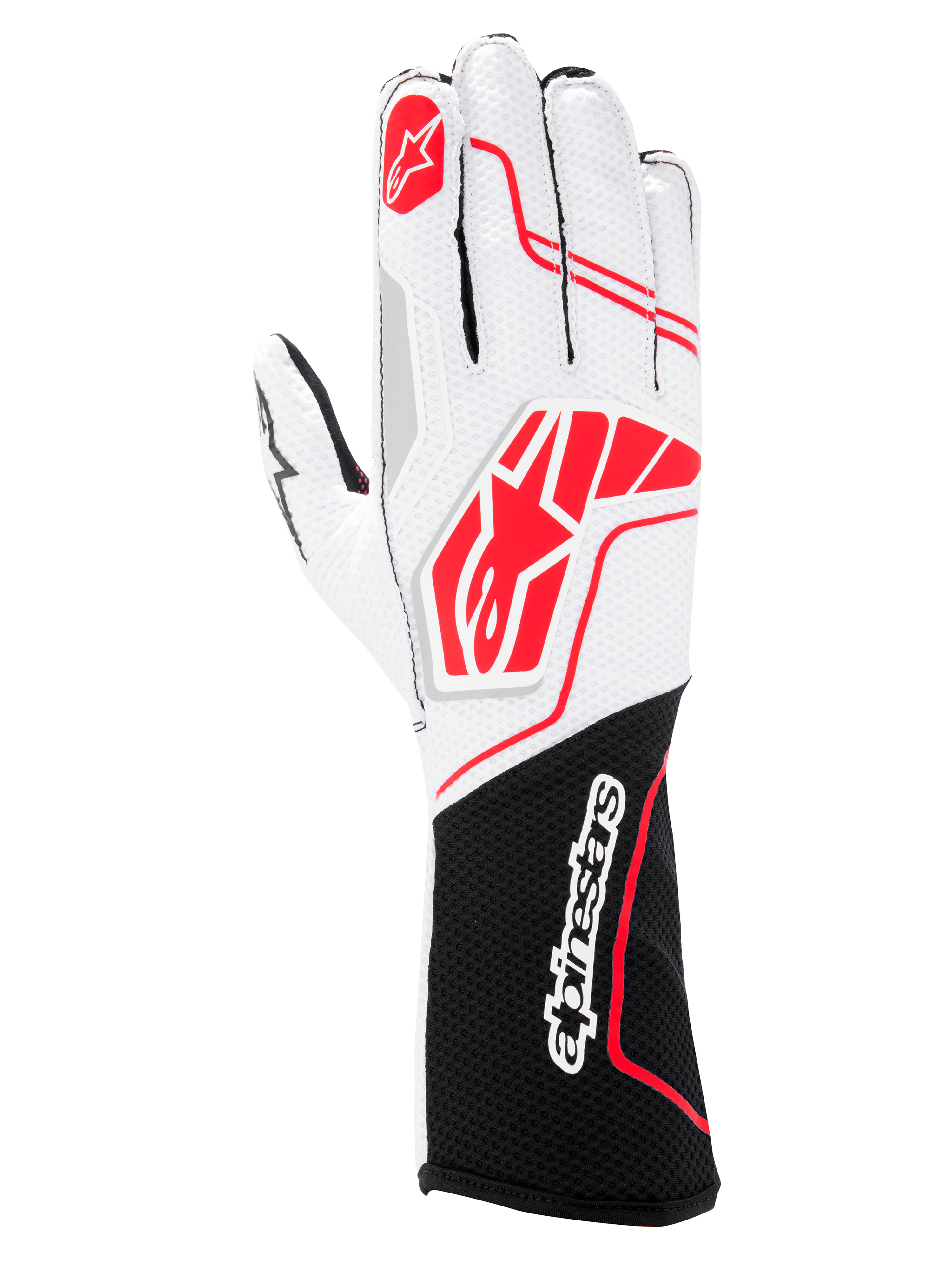 Gants Alpinestars Tech-1 KX V4, gants de karting, noir, blanc et rouge, avec un dessus en maille blanche respirante, des logos Alpinestars rouges et une manchette noire avec logo textuel blanc.