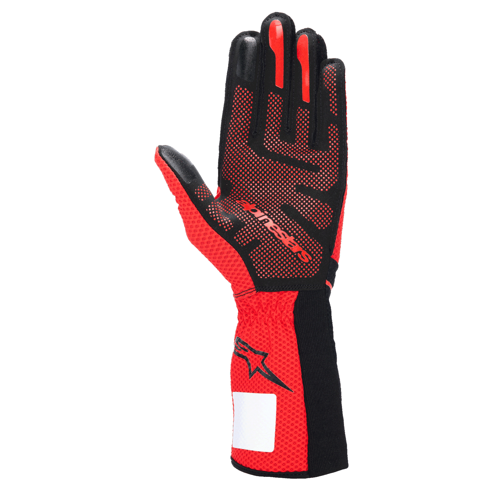 Gants Alpinestars Tech-1 KX V4, gants de karting, noir et rouge, vue de la paume montrant le motif d'adhérence en silicone 3D, tissu en maille rouge respirant et étiquette d'identification blanche sur le poignet