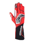 Gants Alpinestars Tech-1 KX V4, gants de karting, rouge et noir avec accents blancs, construction en maille respirante, logo étoile sur le revers de la main, manchette longue avec inscription Alpinestars, équipement de sport automobile professionnel