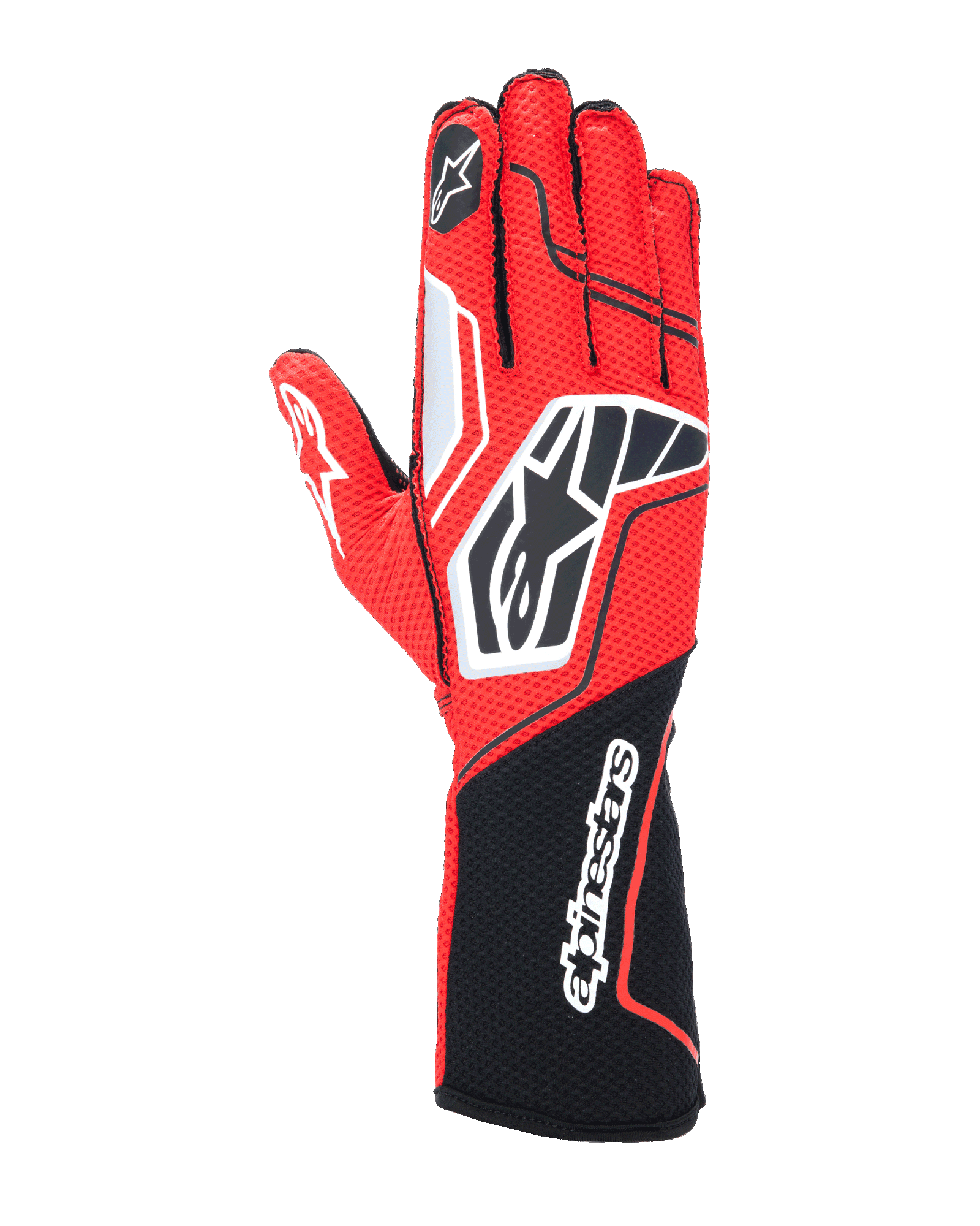 Gants Alpinestars Tech-1 KX V4, gants de karting, rouge et noir avec accents blancs, construction en maille respirante, logo étoile sur le revers de la main, manchette longue avec inscription Alpinestars, équipement de sport automobile professionnel