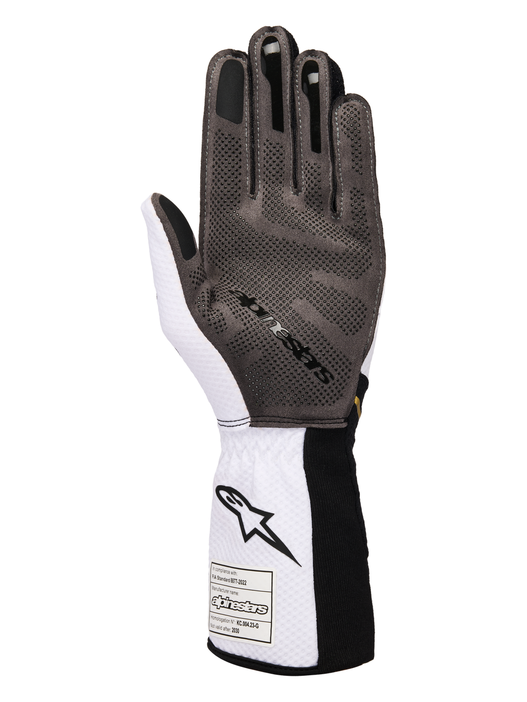 Alpinestars Tech-1 KX V4 Gloves, Karting Gloves, White Black and Gold, palm view showing 3D silicone grip pattern, breathable white mesh construction, and FIA 8877-2022 certification tag on the cuff.