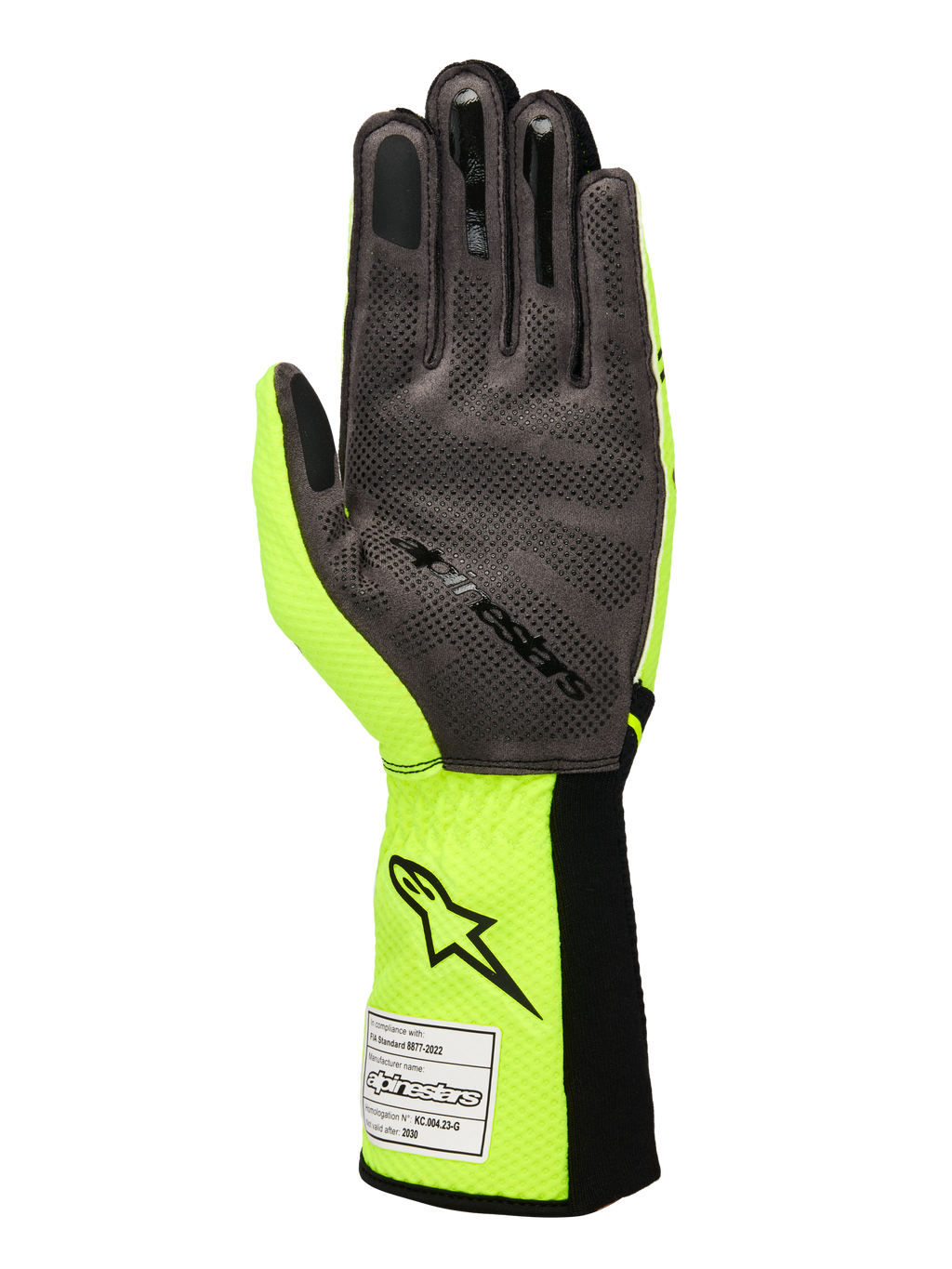 Gants Alpinestars Tech-1 KX V4, gants de karting, jaune fluo et noir, vue de la paume en cuir suédé synthétique gris avec motif d'adhérence en silicone 3D, étiquette d'homologation FIA sur la manchette côtelée, design de course performant