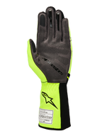 Gants Alpinestars Tech-1 KX V4, gants de karting, jaune fluo et noir, vue de la paume en cuir suédé synthétique gris avec motif d'adhérence en silicone 3D, étiquette d'homologation FIA sur la manchette côtelée, design de course performant