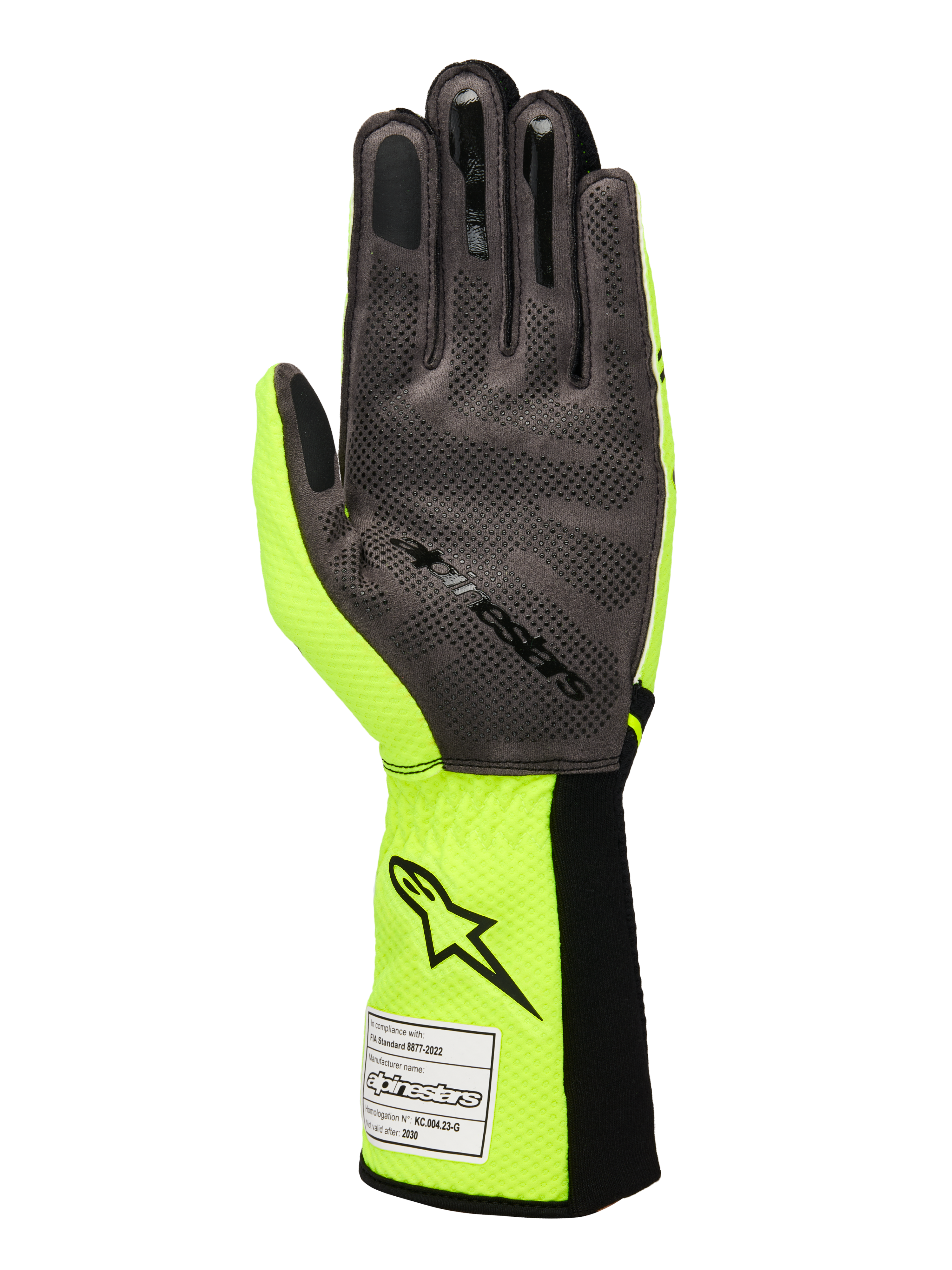 Gants Alpinestars Tech-1 KX V4, gants de karting, jaune fluo et noir, vue de la paume en cuir suédé synthétique gris avec motif d'adhérence en silicone 3D, étiquette d'homologation FIA sur la manchette côtelée, design de course performant