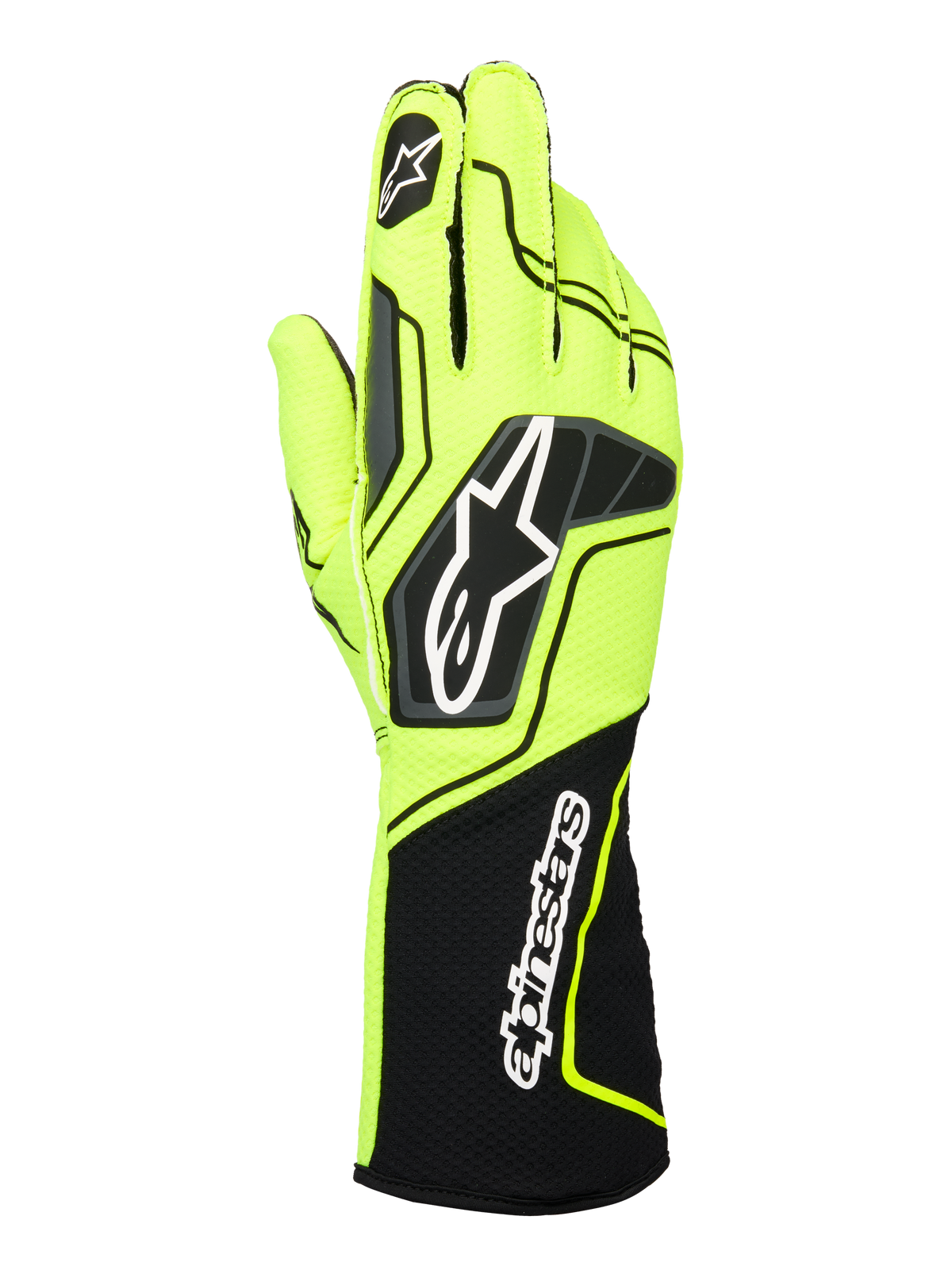 Alpinestars Tech-1 KX V4 Gloves, Karting Racing Gloves, Yellow Fluo and Black, back view featuring a breathable dual-layer mesh construction, prominent Astar logo on the hand, and Alpinestars wordmark on the extended ribbed cuff, ergonomic performance design.