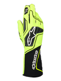 Gants Alpinestars Tech-1 KX V4, gants de karting, jaune fluo et noir, vue arrière avec construction en maille double couche respirante, logo Astar sur la main et marquage Alpinestars sur la manchette côtelée allongée, design ergonomique performant.