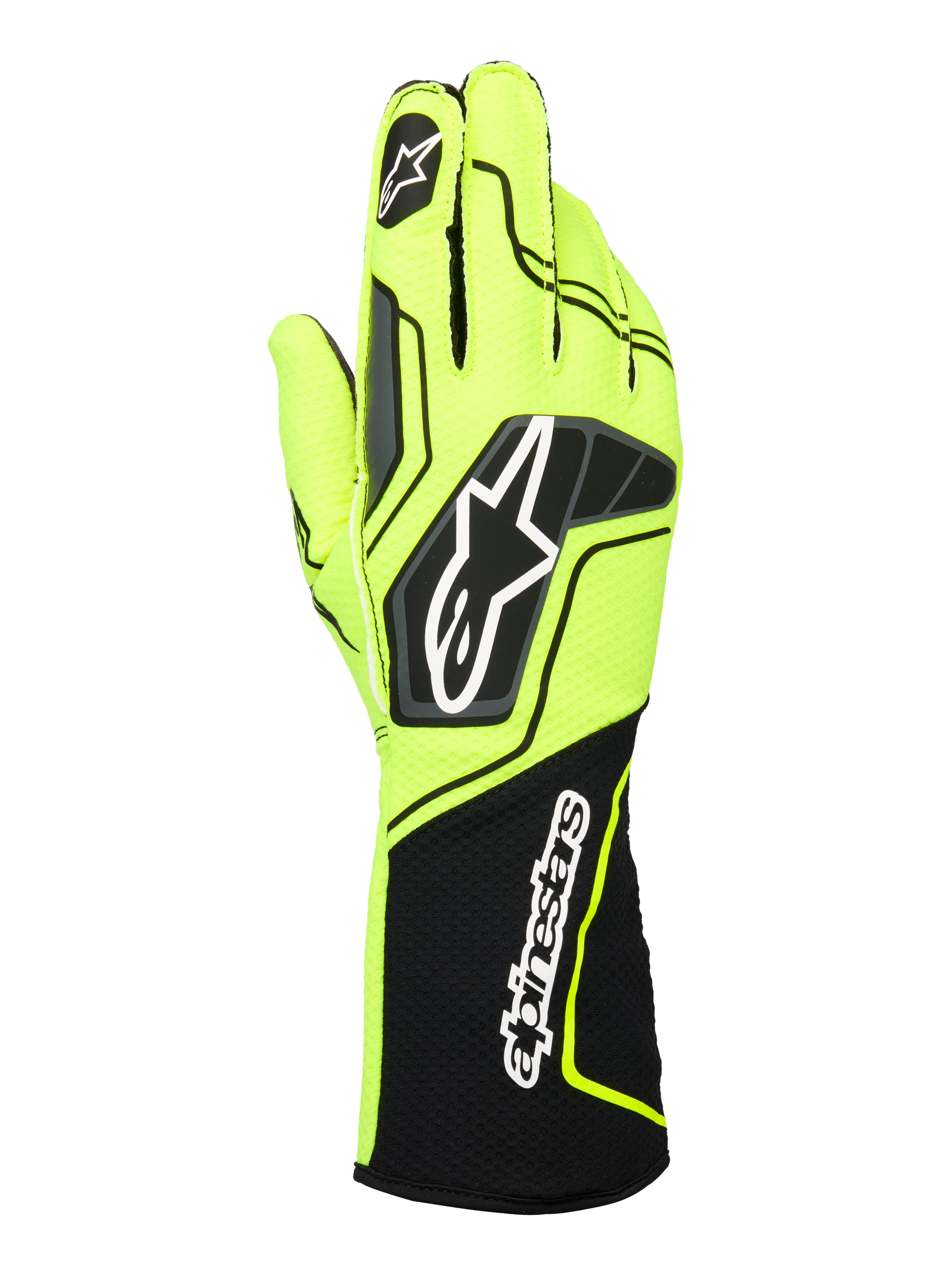 Gants Alpinestars Tech-1 KX V4, gants de karting, jaune fluo et noir, vue arrière avec construction en maille double couche respirante, logo Astar sur la main et marquage Alpinestars sur la manchette côtelée allongée, design ergonomique performant.