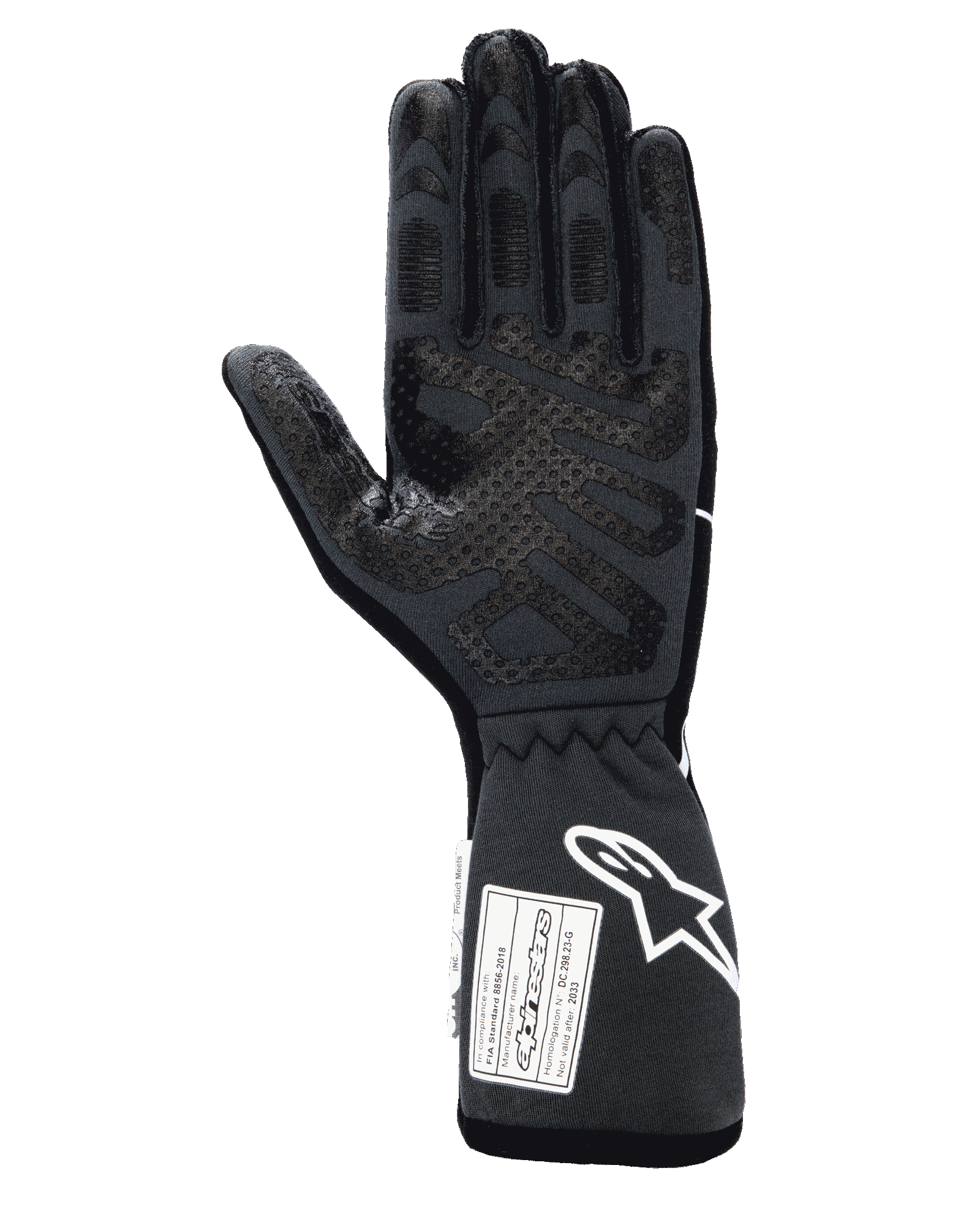 Gants Alpinestars Tech-1 Race V4, gants de course automobile professionnels, noir tar gray, vue côté paume avec motifs d'adhérence en silicone étendus sur les doigts et la paume, manchette étendue avec logo Alpinestars blanc et étiquettes d'homologation FIA/SFI
