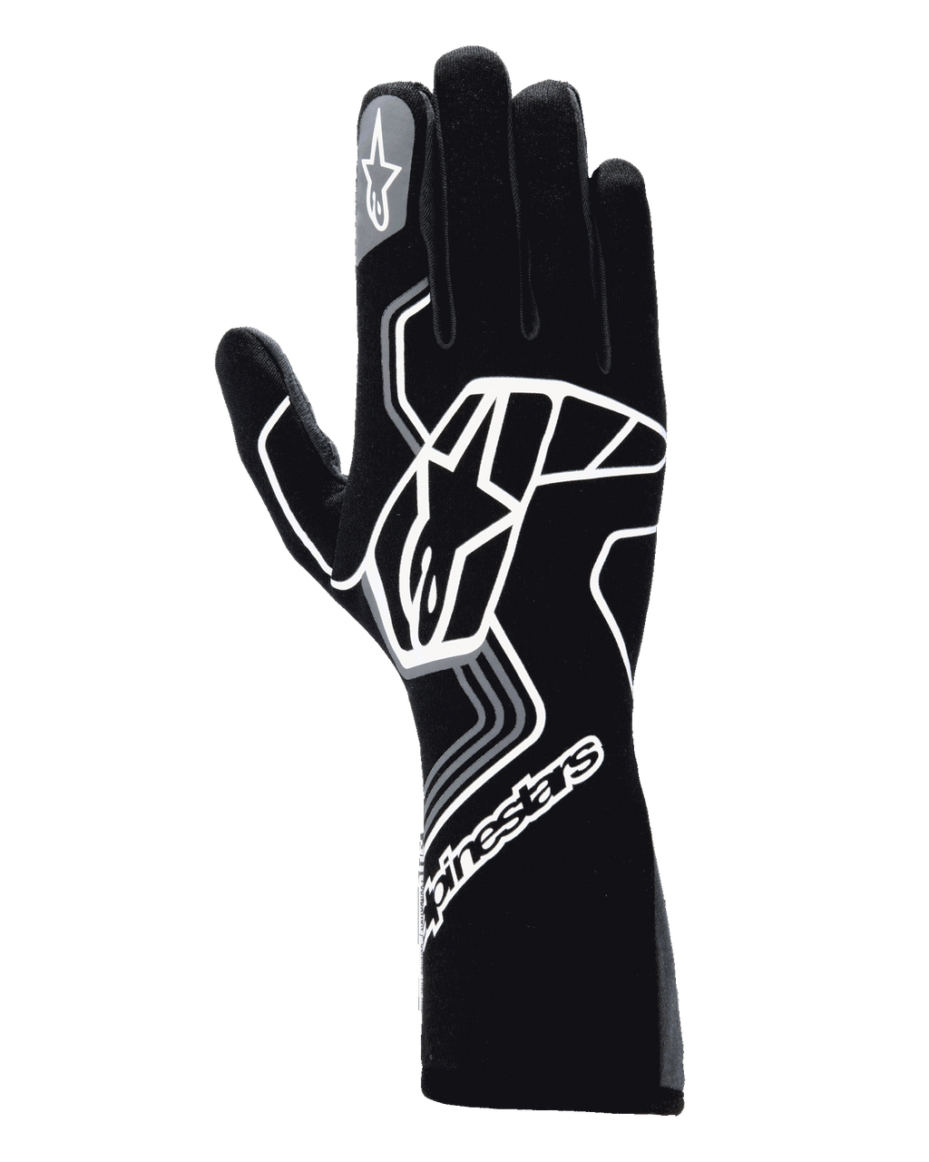Gants Alpinestars Tech-1 Race V4, gants de course automobile, noir et gris, avec un grand logo étoile géométrique blanc, marquage Alpinestars sur la manchette et l'index, style manchette longue pour le sport automobile haute performance