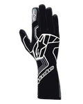 Gants Alpinestars Tech-1 Race V4, gants de course automobile, noir et gris, avec un grand logo étoile géométrique blanc, marquage Alpinestars sur la manchette et l'index, style manchette longue pour le sport automobile haute performance