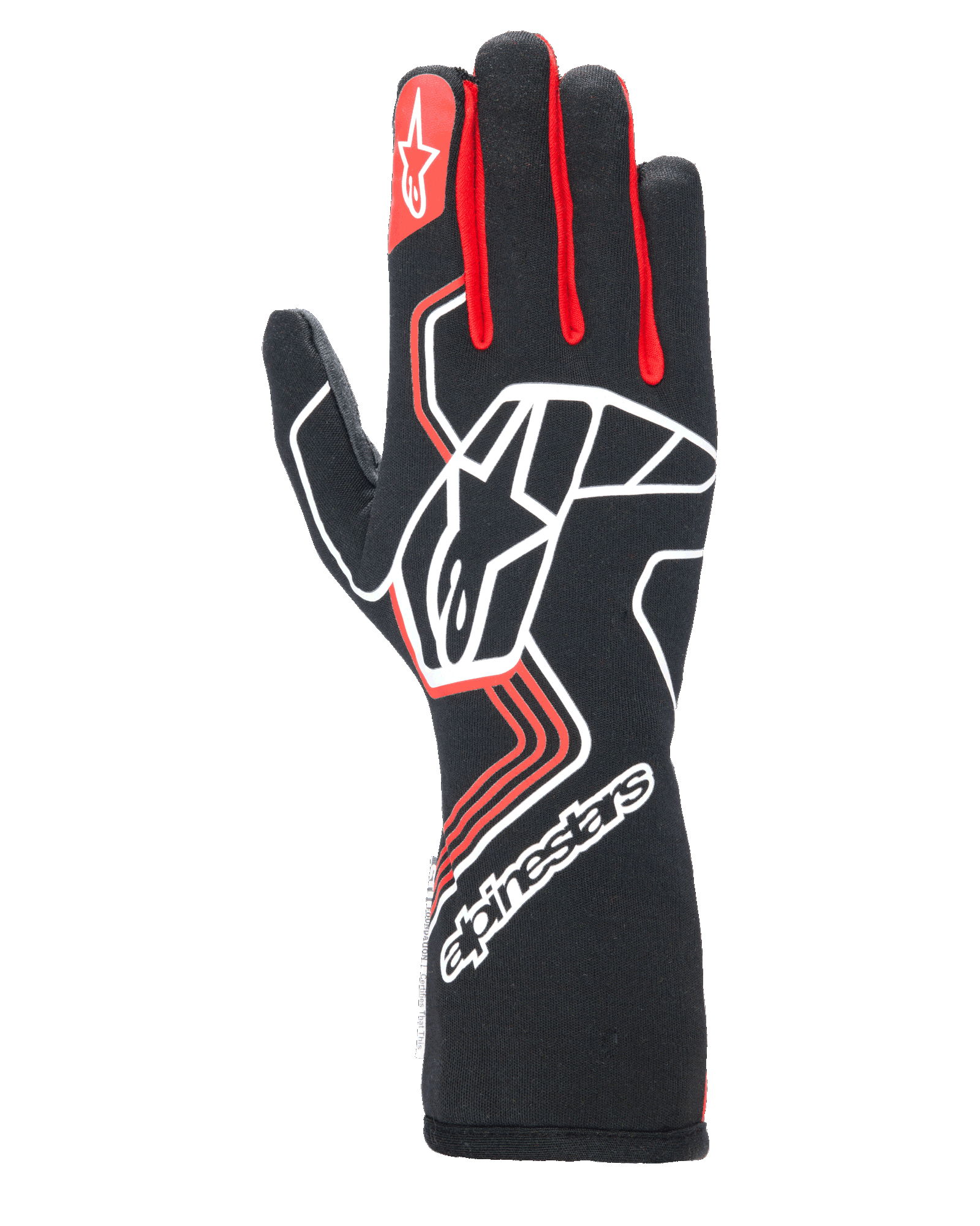 Gants Alpinestars Tech-1 Race V4, gants de course automobile, noirs avec accents rouges et blancs, dotés d'un grand logo étoile blanc sur le dessus de la main, de soufflets de doigts rouges, d'un marquage blanc sur la manchette longue et de motifs géométriques