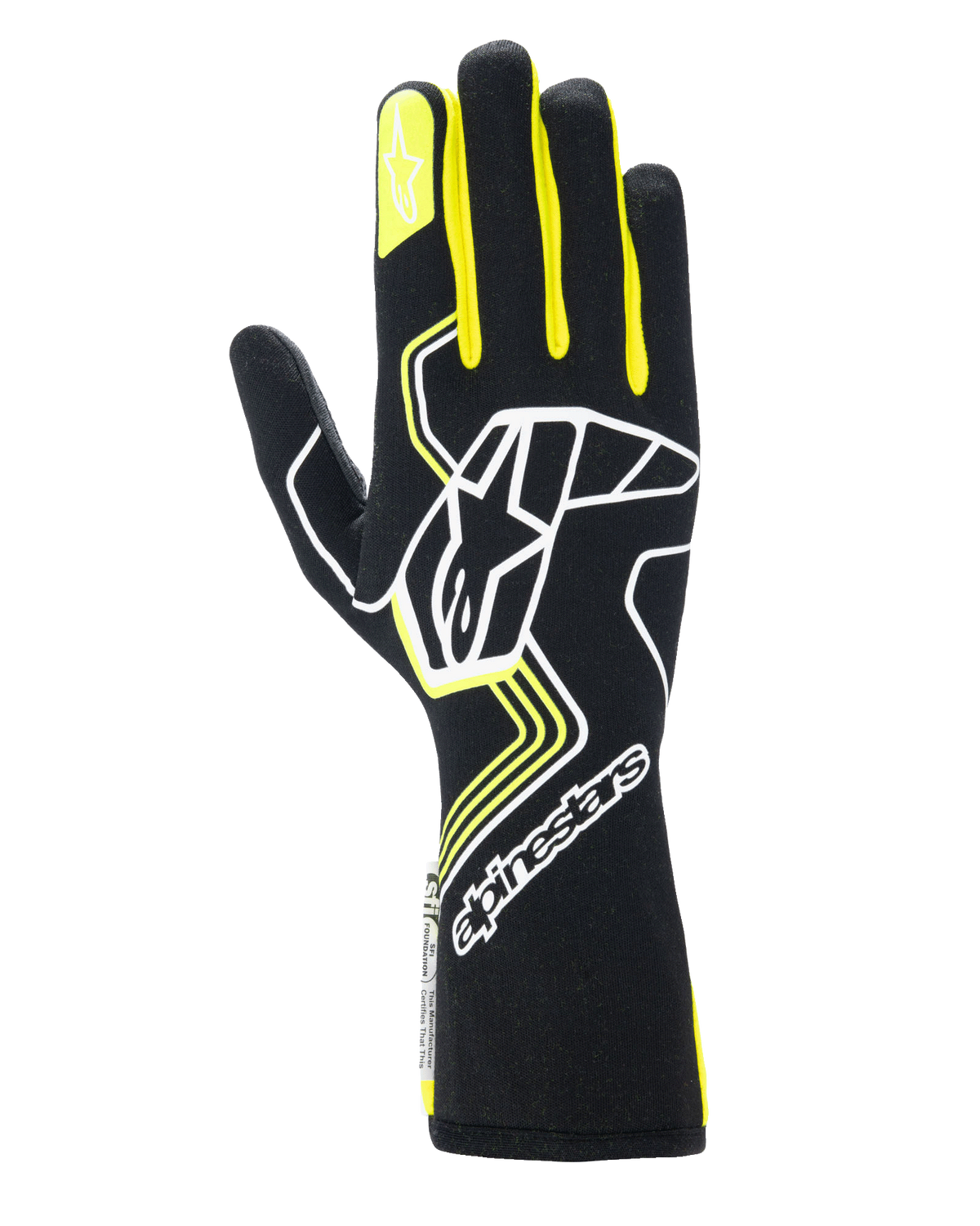 Gants Alpinestars Tech-1 Race V4, gants de course automobile, noirs avec accents jaune fluo et blancs, dotés d'un grand logo étoile sur le dos et d'une plus petite étoile sur l'index, design épuré avec motifs géométriques et manchette longue