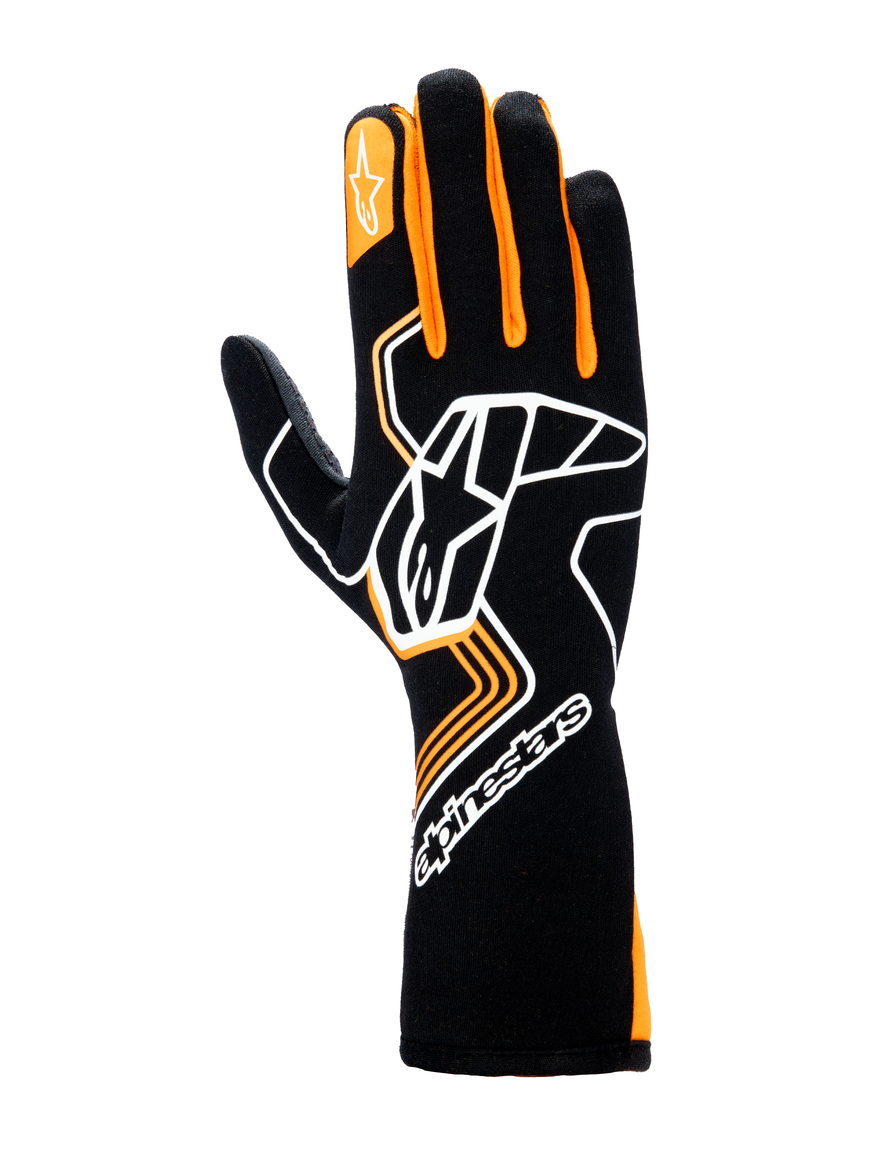 Alpinestars Tech-1 Race V4 Gloves, Auto Racing Gloves, Black and Orange Fluo, featuring a large white Astar logo on the back of the hand, orange finger accents, and a high-cuff gauntlet design for professional motorsports protection