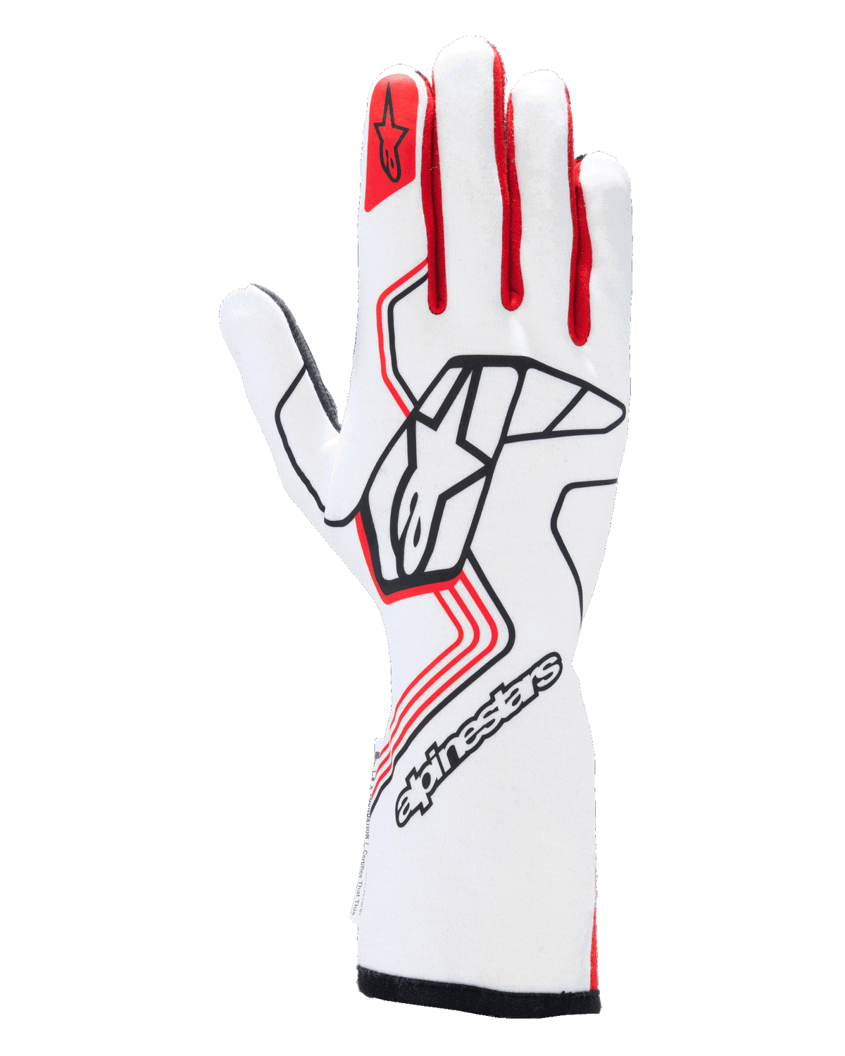 Gants Alpinestars Tech-1 Race V4, gants de course automobile, blancs et rouges avec des accents noirs, avec un logo Alpinestars noir sur le dos de la main, emblème d'étoile rouge sur l'index, conception professionnelle à manchette longue