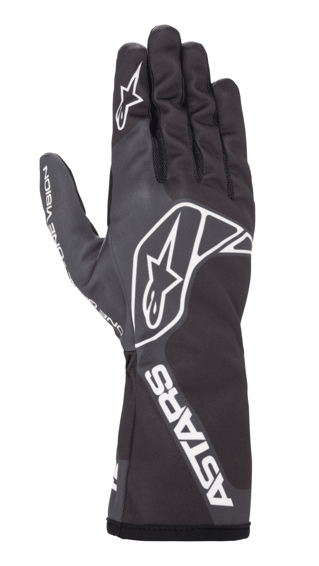 Gants Alpinestars Tech-1 K Race V2 One Vision, gants de karting, noir et gris bitume, avec logo étoile blanc sur le dos et le doigt, marquage ASTARS sur la manchette, design épuré avec manchette longue