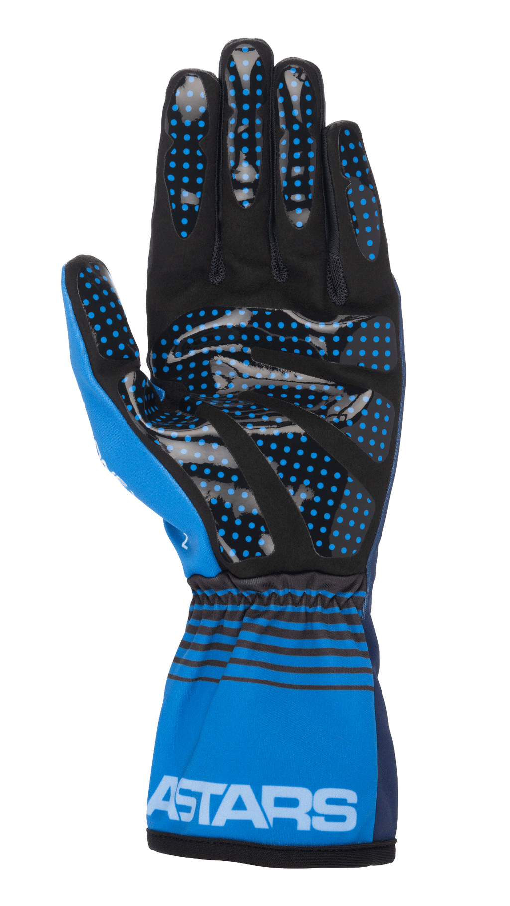 Alpinestars Tech-1 K Race V2 Future Gloves, Karting Gloves, Navy Blue and Light Blue, palm view featuring black synthetic suede with blue silicone grip dots, elasticated cuff with black horizontal stripes and white ASTARS branding