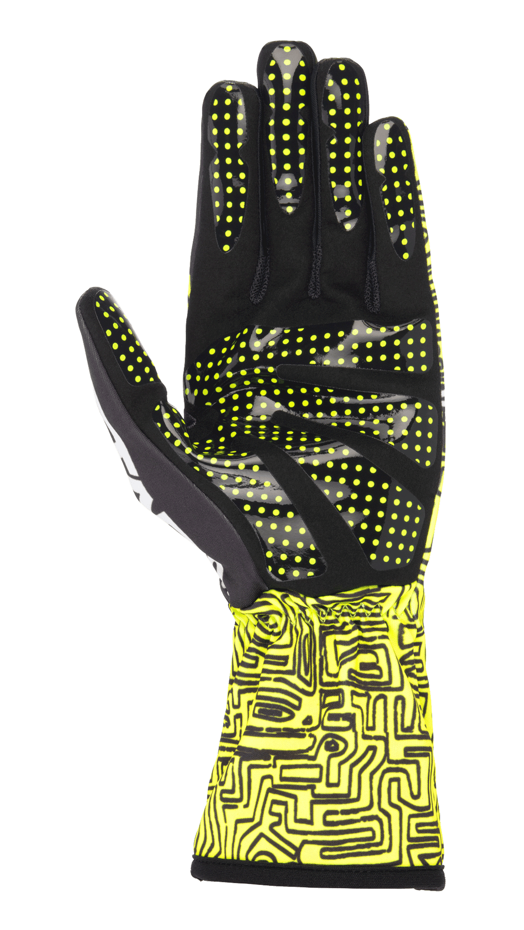 Gants Alpinestars Tech-1 K Race V2 Vertical, jaune fluo et noir, vue de la paume mettant en évidence le motif d'adhérence en silicone avec des points jaunes, imprimé numérique abstrait sur la manchette, conception de gant de karting spécialisée