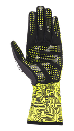 Gants Alpinestars Tech-1 K Race V2 Vertical, jaune fluo et noir, vue de la paume mettant en évidence le motif d'adhérence en silicone avec des points jaunes, imprimé numérique abstrait sur la manchette, conception de gant de karting spécialisée