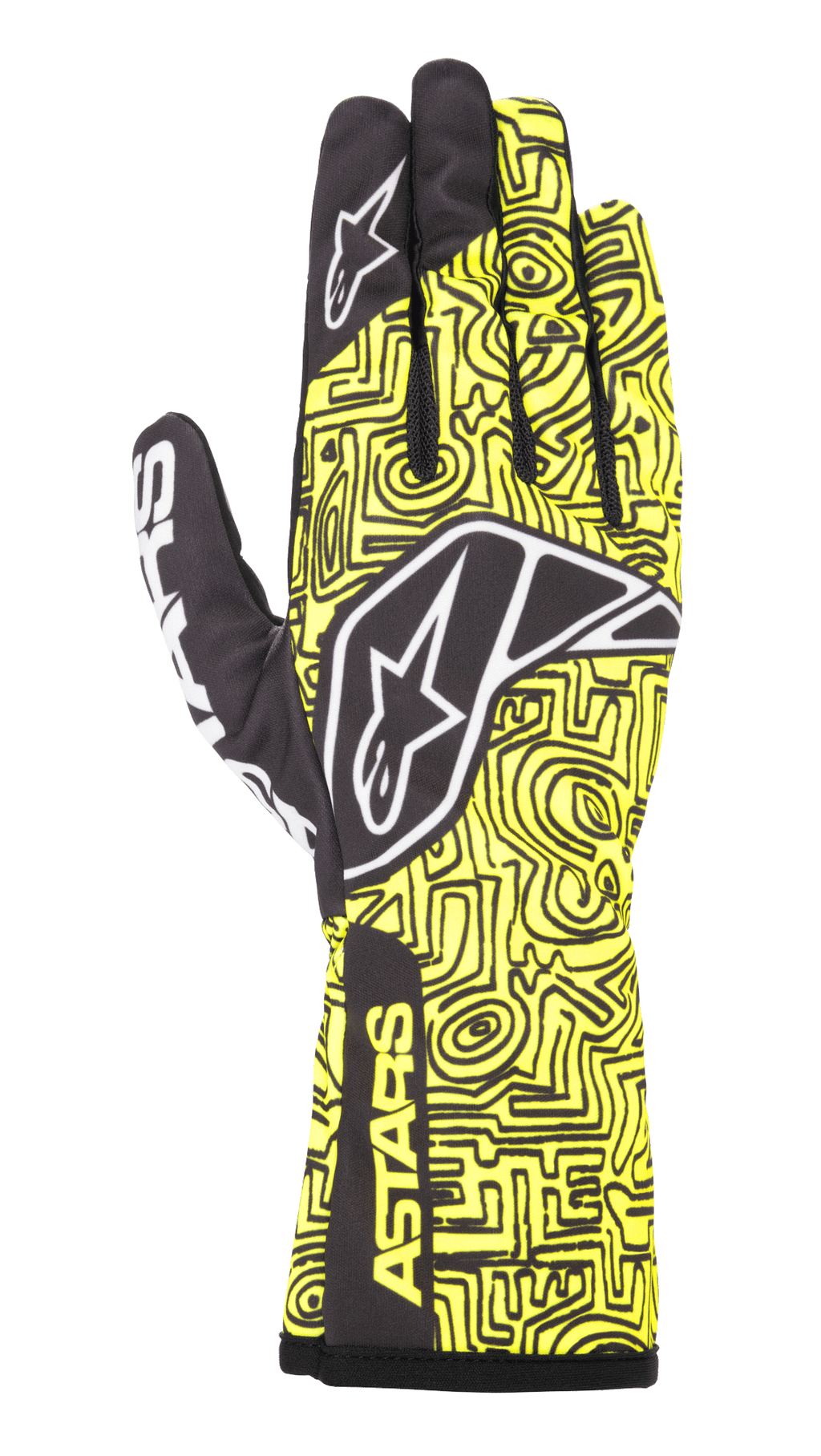 Gants Alpinestars Tech-1 K Race V2 Vertical, gants de karting, jaune fluo et noir, avec logo étoile blanc, motifs abstraits complexes et marquage ASTARS sur la manchette, conception légère pour la performance en sport automobile