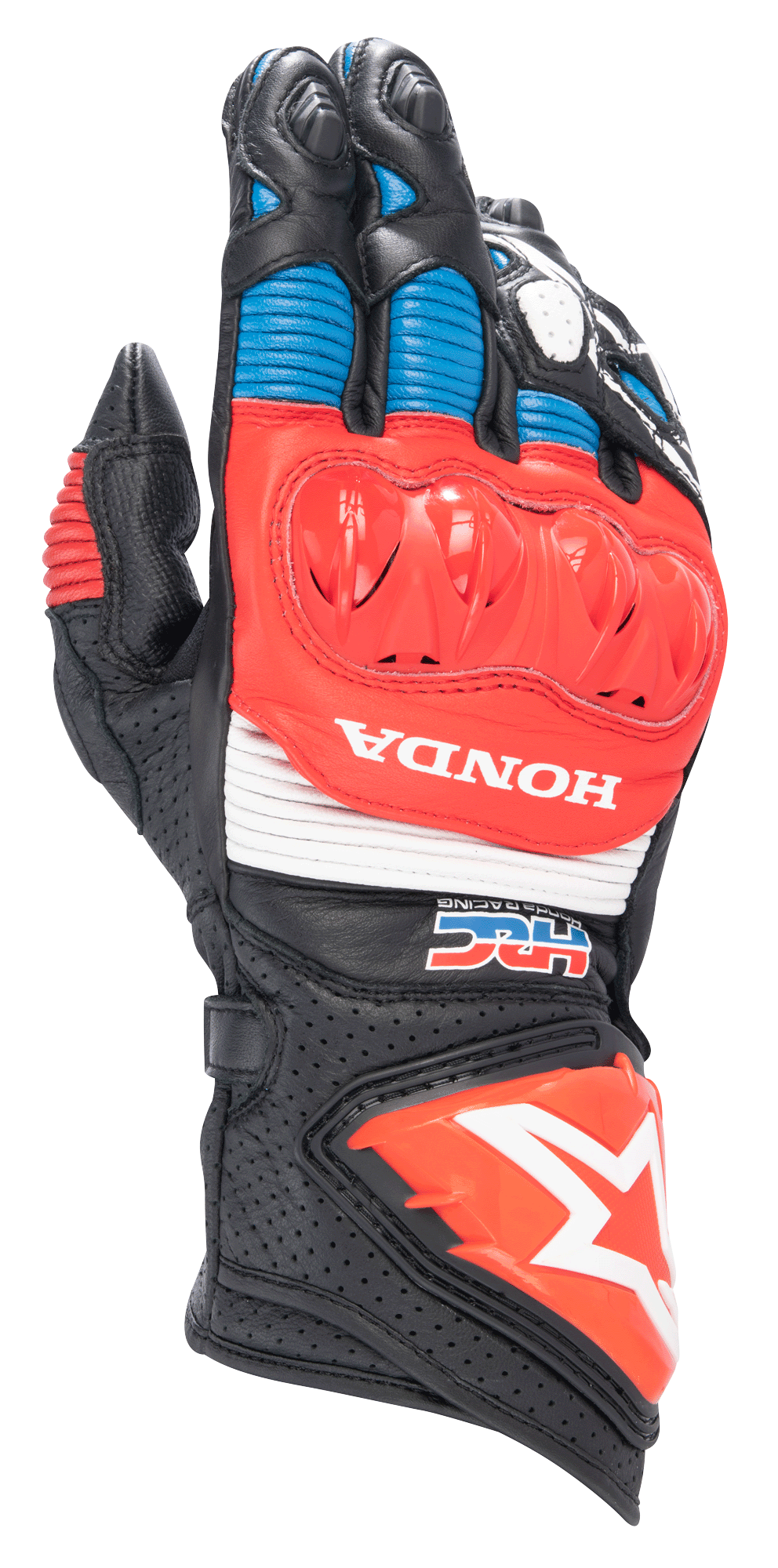 Gants Alpinestars Honda GP Pro R3, gants de course moto à manchette, noirs avec accents rouge vif et bleu, dotés d'une protection de jointures DFS rouge, logos HONDA et HRC blancs, cuir perforé et panneaux en accordéon, logo étoile Alpinestars sur la manchette