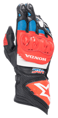 Gants Alpinestars Honda GP Pro R3, gants de course moto à manchette, noirs avec accents rouge vif et bleu, dotés d'une protection de jointures DFS rouge, logos HONDA et HRC blancs, cuir perforé et panneaux en accordéon, logo étoile Alpinestars sur la manchette