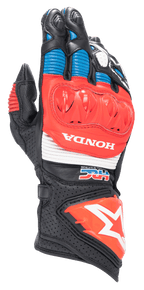 Gants Alpinestars Honda GP Pro R3, gants de course moto à manchette, noirs avec accents rouge vif et bleu, dotés d'une protection de jointures DFS rouge, logos HONDA et HRC blancs, cuir perforé et panneaux en accordéon, logo étoile Alpinestars sur la manchette