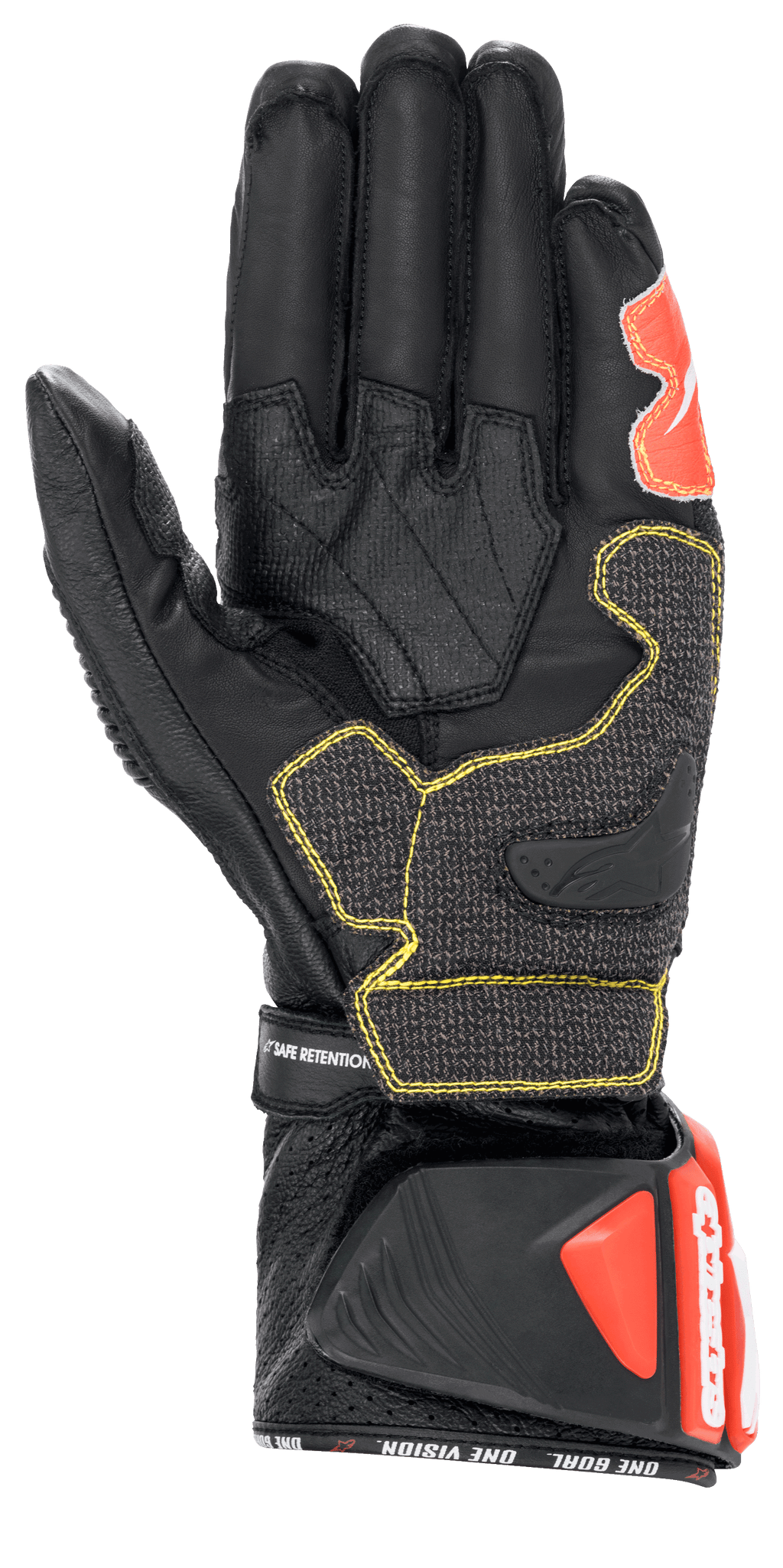Gants Alpinestars GP Tech V2, noir, blanc et rouge fluo, vue de la paume montrant la construction en cuir noir avec surpiqûres contrastées jaunes, manchette de protection DFS avec accents rouges, équipement professionnel de moto de course