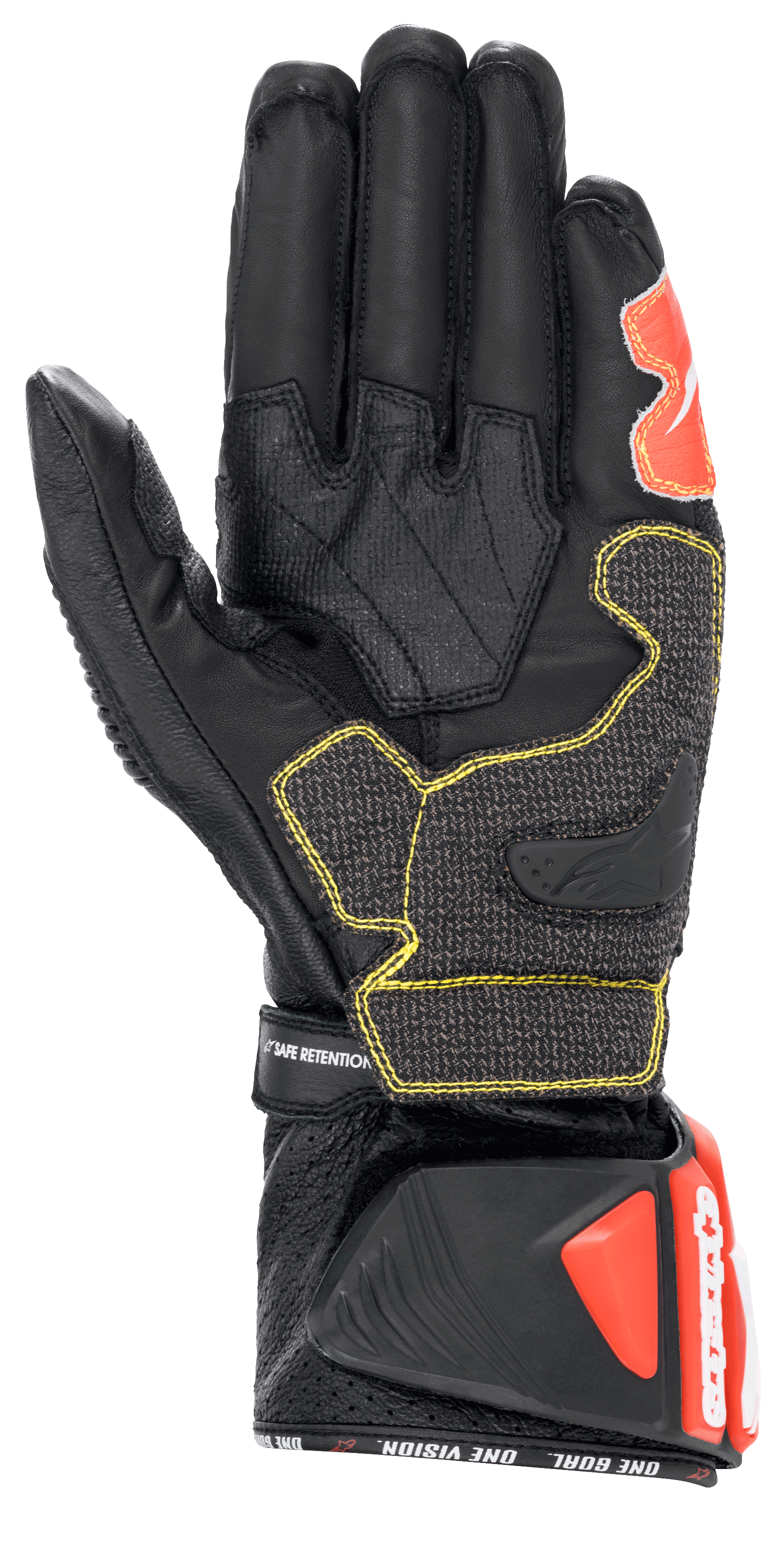 Gants Alpinestars GP Tech V2, noir, blanc et rouge fluo, vue de la paume montrant la construction en cuir noir avec surpiqûres contrastées jaunes, manchette de protection DFS avec accents rouges, équipement professionnel de moto de course
