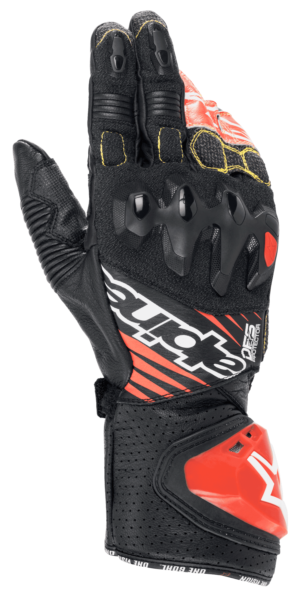 Gants Alpinestars GP Tech V2, gants de moto de course, noir, blanc et rouge fluo, protection des articulations à double densité, cuir perforé avec coutures jaunes, slider d'impact DFS rouge sur la manchette, design de course professionnel