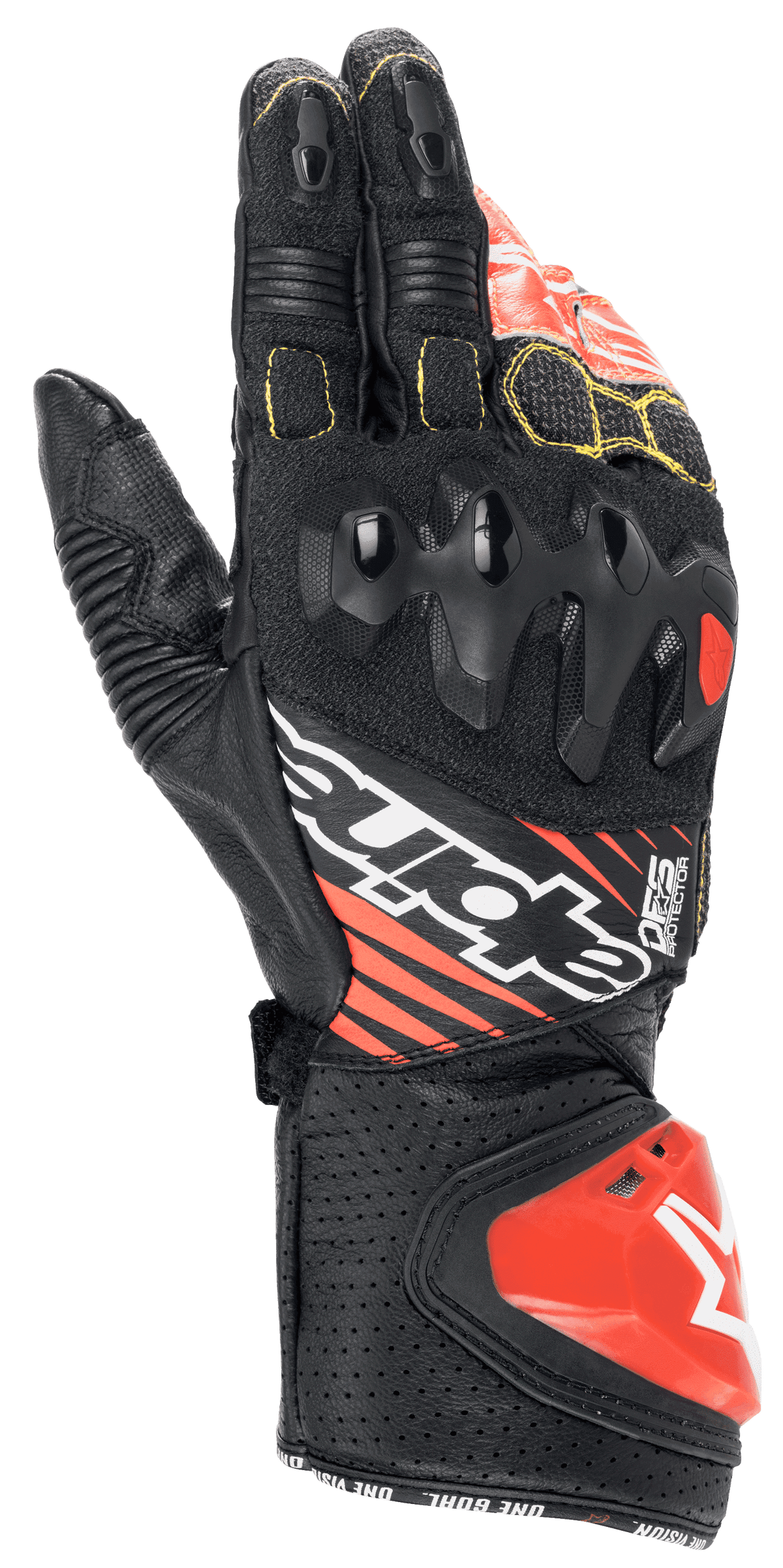 Gants Alpinestars GP Tech V2, gants de moto de course, noir, blanc et rouge fluo, protection des articulations à double densité, cuir perforé avec coutures jaunes, slider d'impact DFS rouge sur la manchette, design de course professionnel