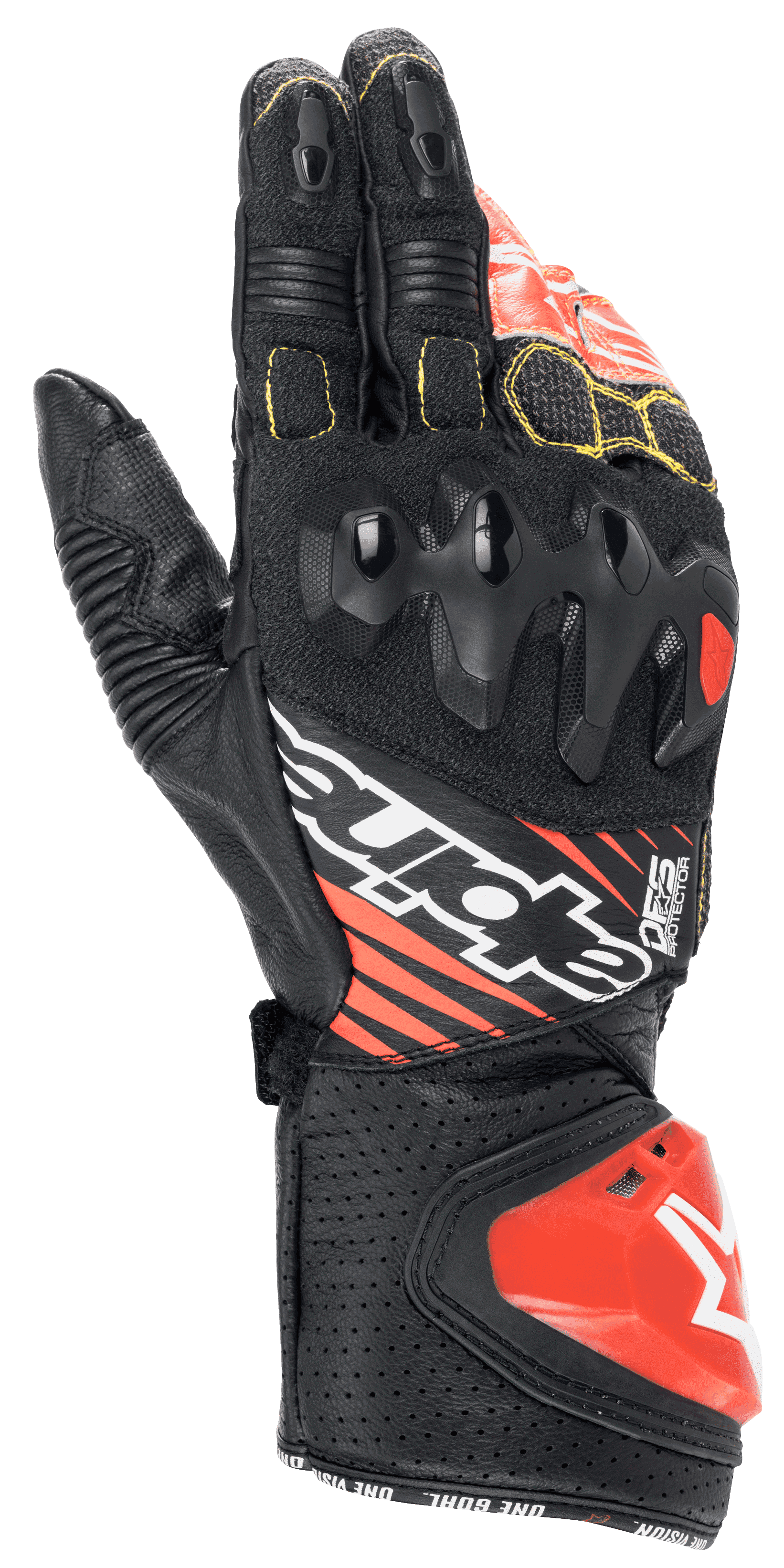 Gants Alpinestars GP Tech V2, gants de moto de course, noir, blanc et rouge fluo, protection des articulations à double densité, cuir perforé avec coutures jaunes, slider d'impact DFS rouge sur la manchette, design de course professionnel