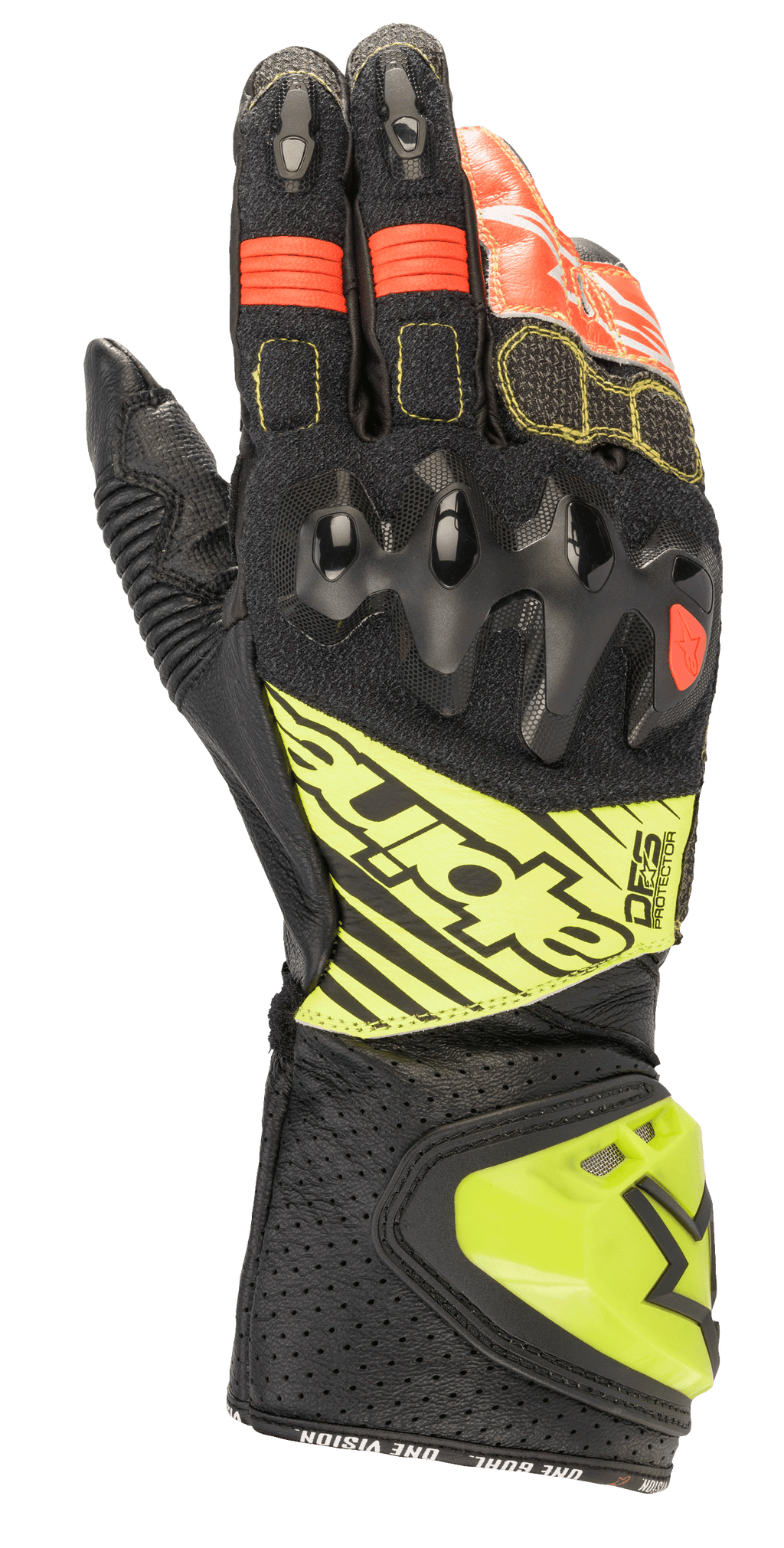 Alpinestars GP Tech V2 Gloves, Motorcycle Racing Gloves, Black with Yellow Fluo and Red accents, featuring hard knuckle armor, perforated leather cuff with DFS branding, and accordion stretch panels for optimal flexibility.