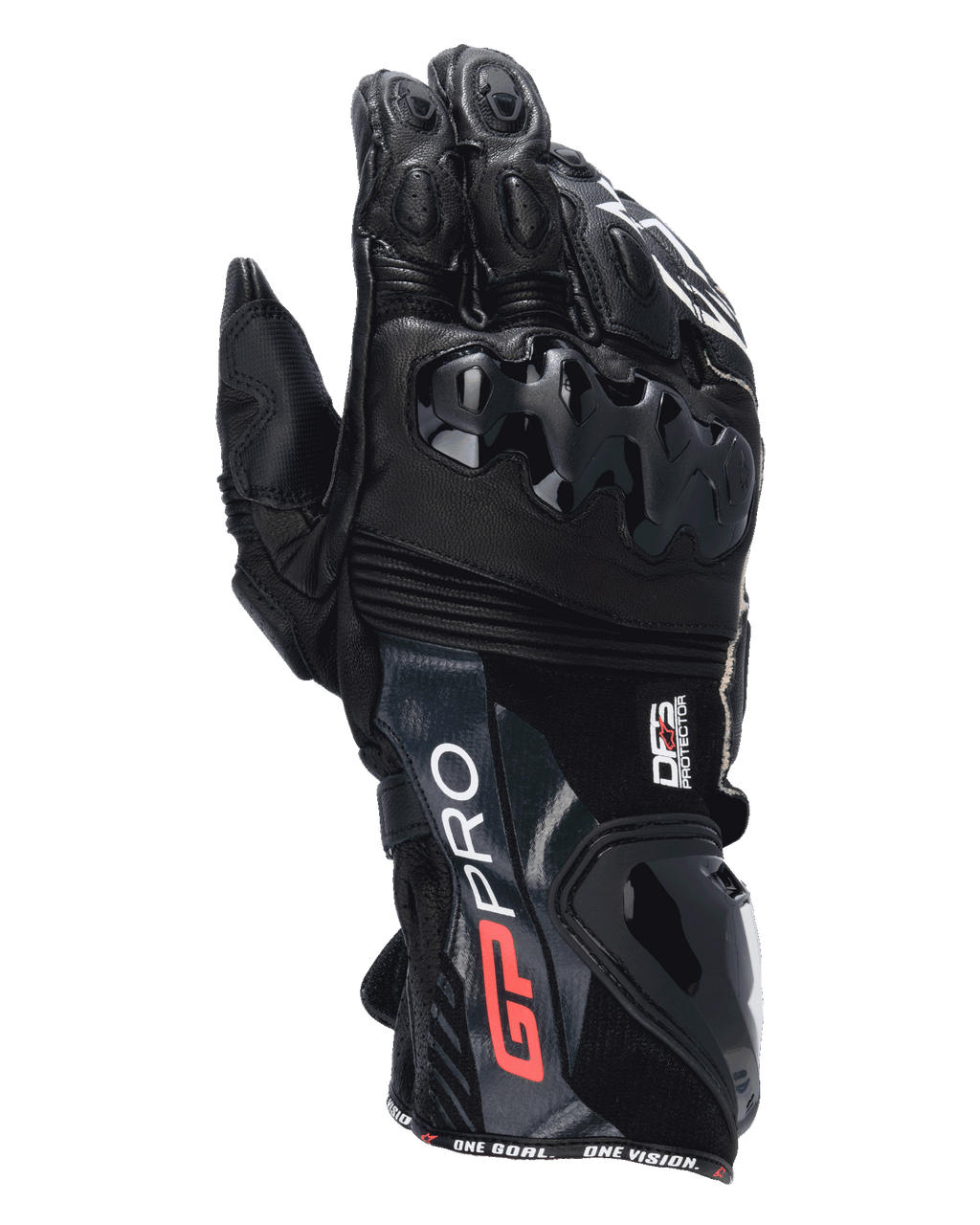 Alpinestars GP Pro R4 Gloves, Black Motorcycle Racing Gauntlet Gloves, featuring DFS knuckle and cuff protectors, premium leather construction with red and white branding, high-performance trackday protection