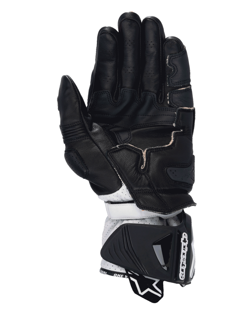 Gants Alpinestars GP Pro R4, gants de moto de course, Noir Rouge Fluo Blanc, vue de la paume montrant la construction en cuir noir avec doigts perforés, renforts de grip et section du poignet en cuir blanc avec une grande manchette de protection.