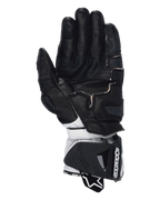 Gants Alpinestars GP Pro R4, gants de moto de course, Noir Rouge Fluo Blanc, vue de la paume montrant la construction en cuir noir avec doigts perforés, renforts de grip et section du poignet en cuir blanc avec une grande manchette de protection.