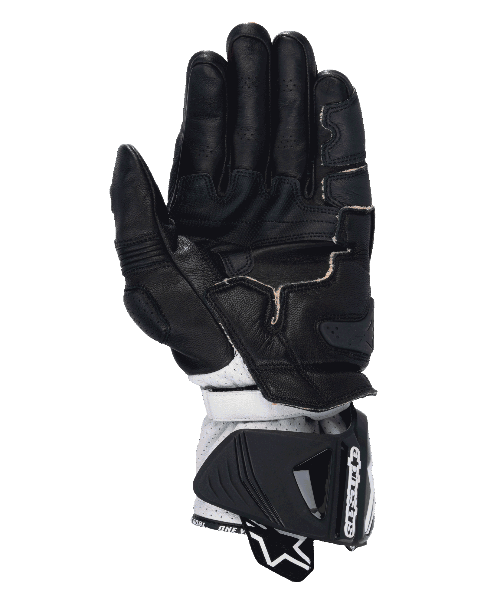 Gants Alpinestars GP Pro R4, gants de moto de course, Noir Rouge Fluo Blanc, vue de la paume montrant la construction en cuir noir avec doigts perforés, renforts de grip et section du poignet en cuir blanc avec une grande manchette de protection.