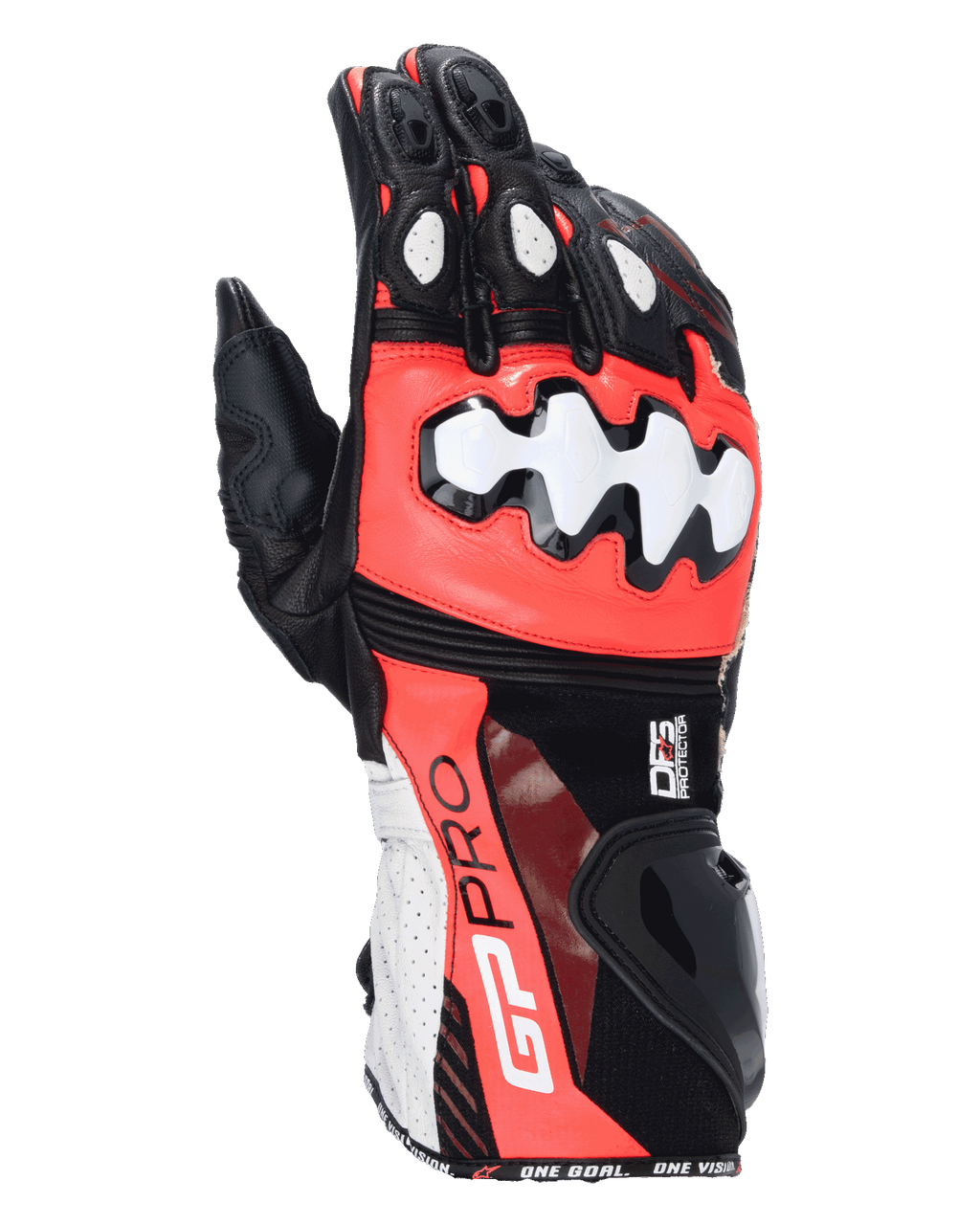 Gants Alpinestars GP Pro R4, gants de moto racing, noir, rouge fluo et blanc, avec protections DFS aux articulations et à la manchette, construction en cuir perforé, marquage GP Pro sur la manchette, équipement de course haute performance