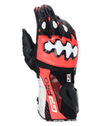 Gants Alpinestars GP Pro R4, gants de moto racing, noir, rouge fluo et blanc, avec protections DFS aux articulations et à la manchette, construction en cuir perforé, marquage GP Pro sur la manchette, équipement de course haute performance