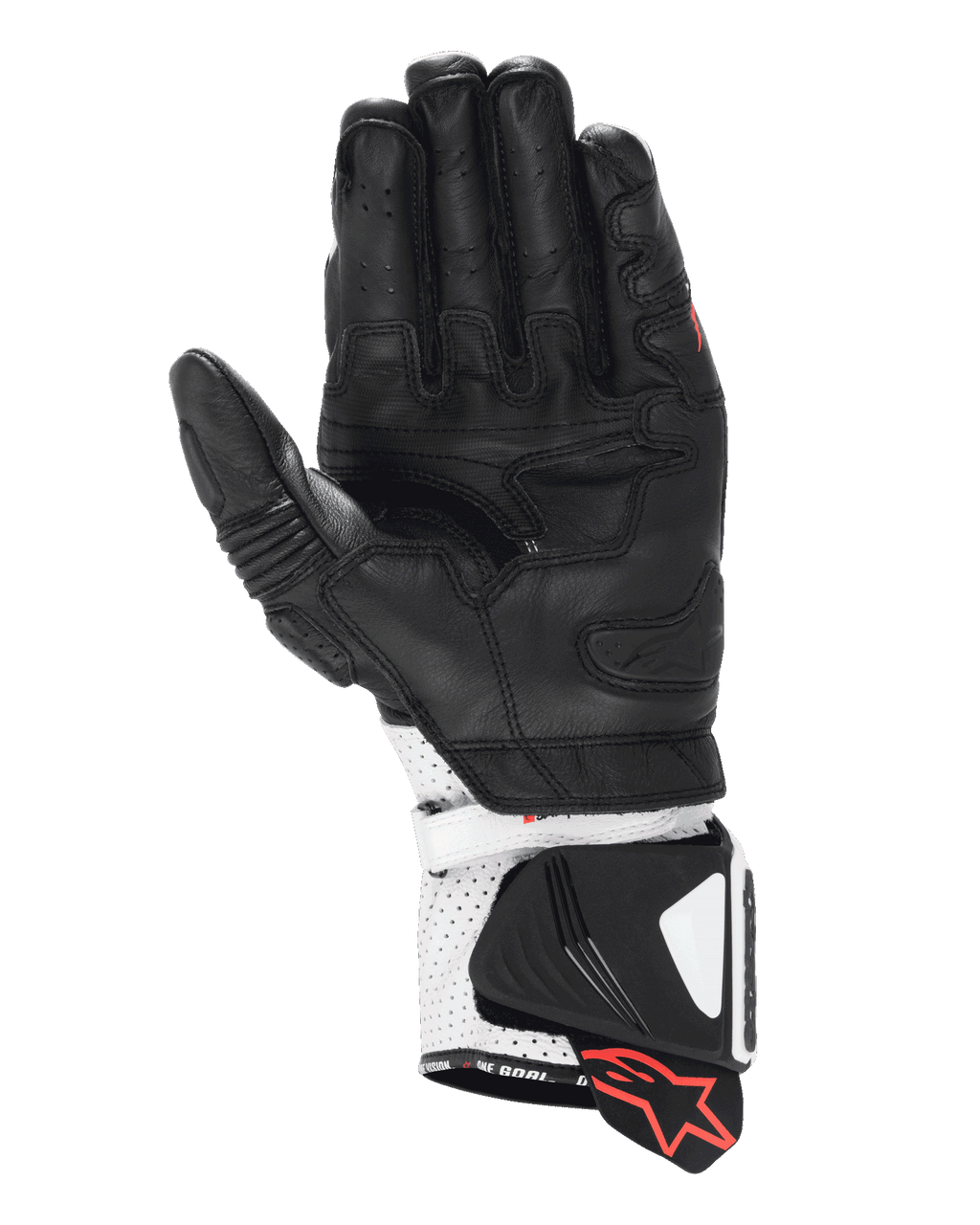 Gants Alpinestars GP Pro R4, gants de course, noir et blanc, vue côté paume montrant une construction en cuir haute performance, manchette perforée avec curseurs rigides et accents de logo rouges