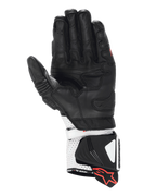 Gants Alpinestars GP Pro R4, gants de course, noir et blanc, vue côté paume montrant une construction en cuir haute performance, manchette perforée avec curseurs rigides et accents de logo rouges