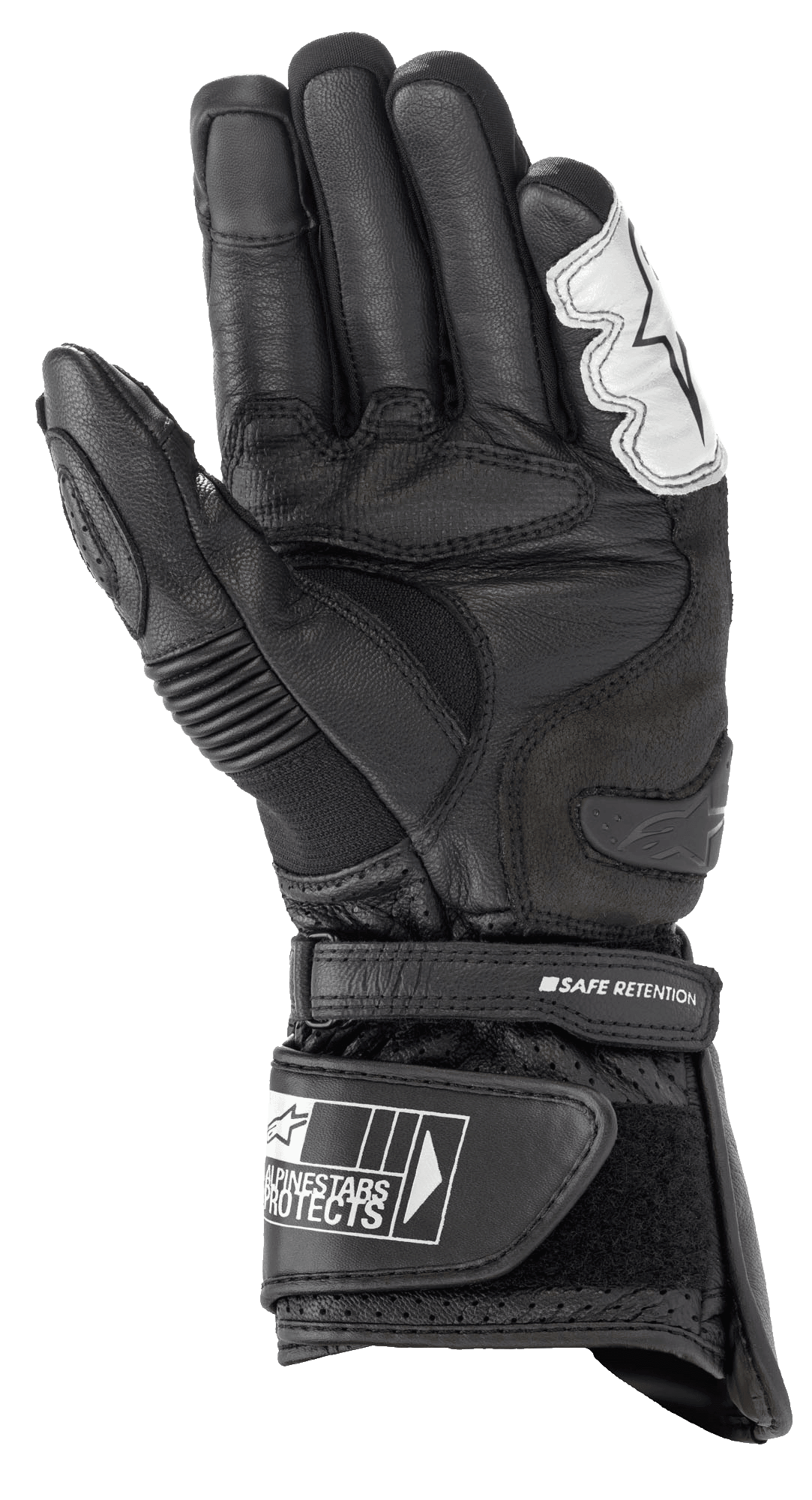Gants Alpinestars SP-2 V3, gants de moto de route, noir et blanc, vue de la paume présentant une construction en cuir pleine fleur, un slider de paume en TPU et une manchette ajustable avec sangle Safe Retention et logo Alpinestars