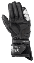 Gants Alpinestars SP-2 V3, gants de moto de route, noir et blanc, vue de la paume présentant une construction en cuir pleine fleur, un slider de paume en TPU et une manchette ajustable avec sangle Safe Retention et logo Alpinestars