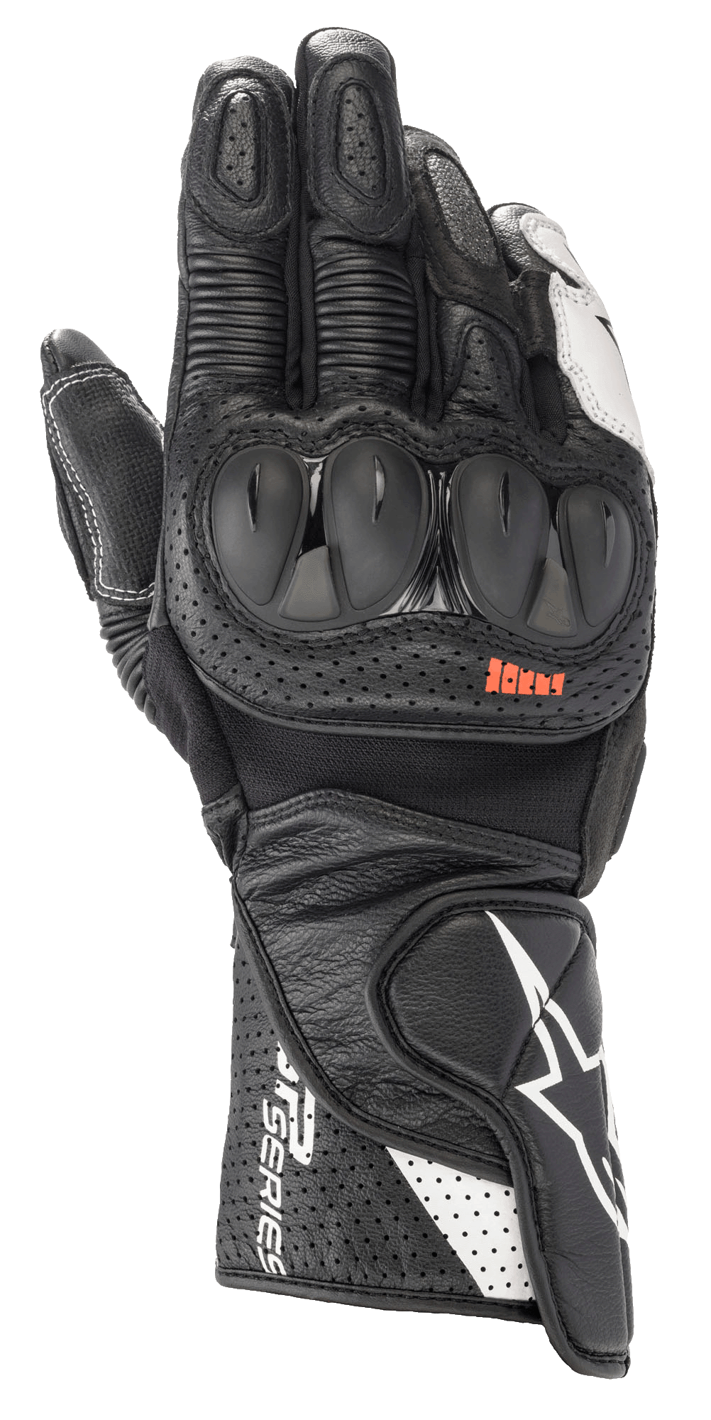 Gants Alpinestars SP-2 V3, gants de course moto, noir et blanc, avec protections de jointures en TPU rigide, cuir perforé pour la ventilation, manchette longue avec logo étoile blanc et marquage SP Series
